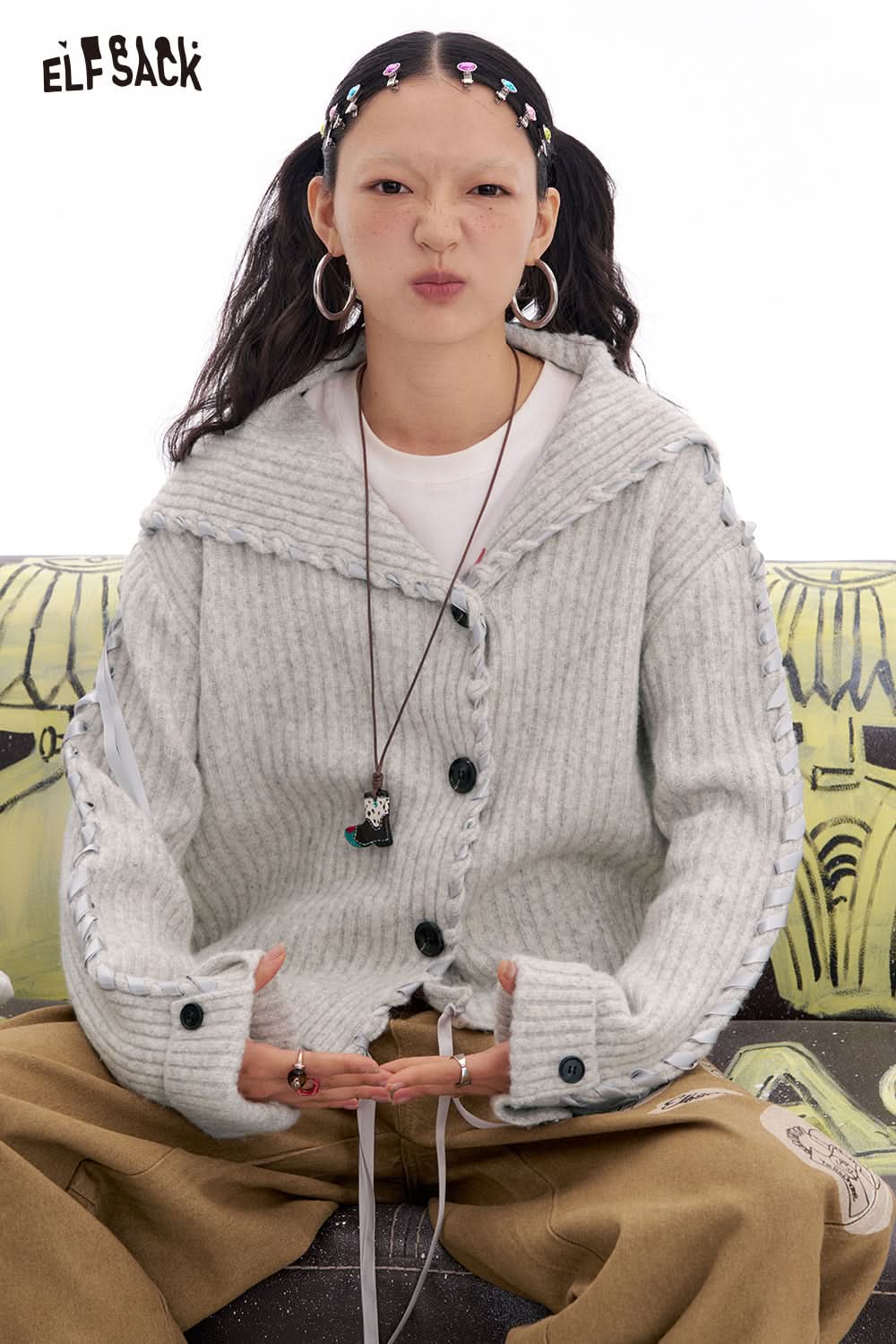 ELFSACK Gray Simple Loose Knitted Cardigan Women's Tie-Strap Design Sweater