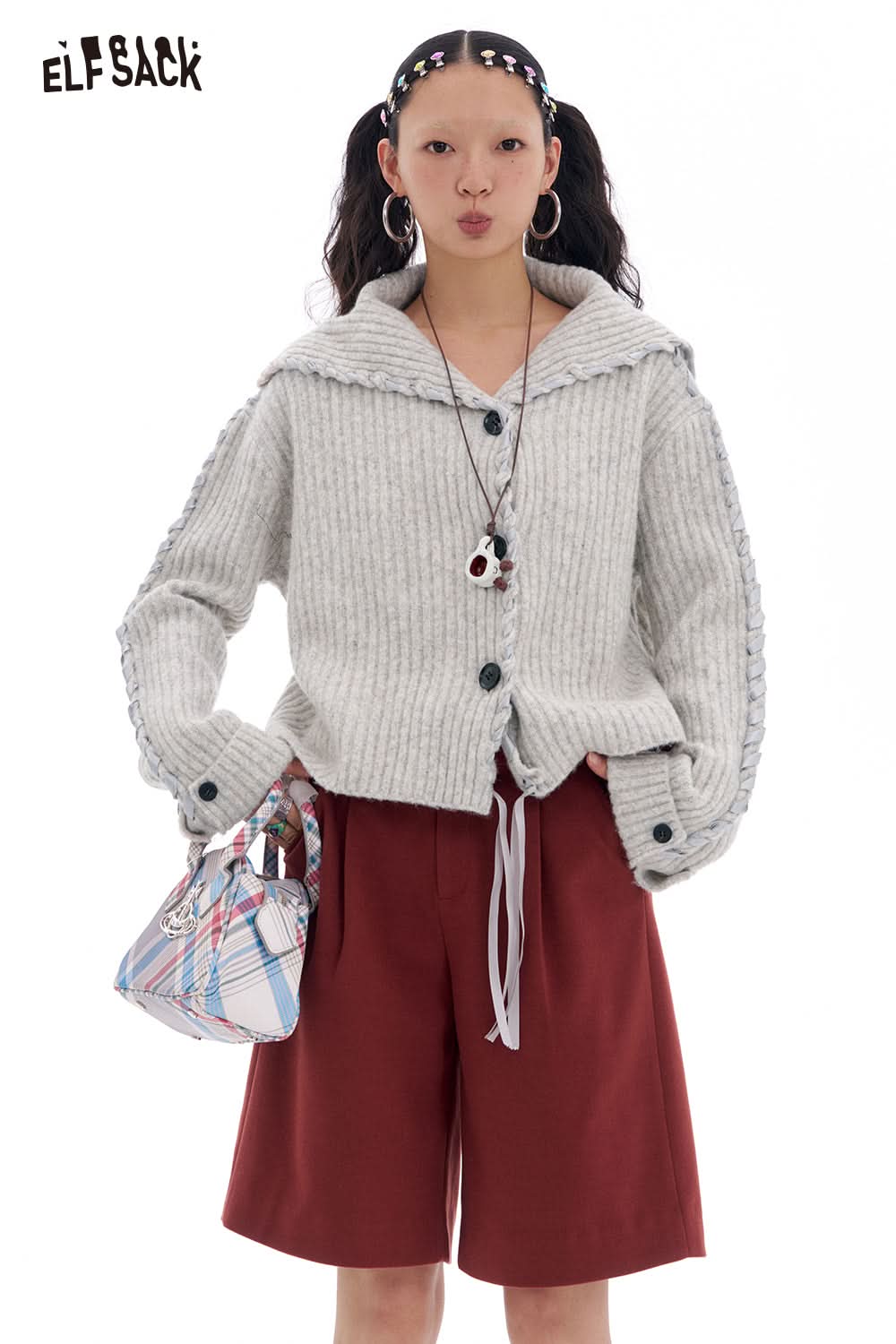 ELFSACK Gray Simple Loose Knitted Cardigan Women's Tie-Strap Design Sweater