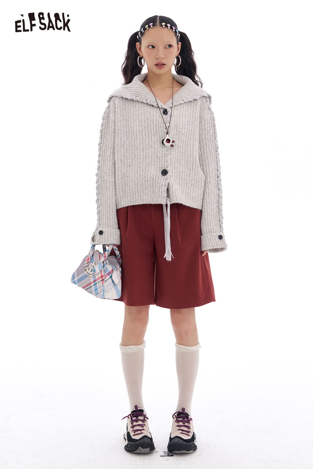 ELFSACK Gray Simple Loose Knitted Cardigan Women's Tie-Strap Design Sweater