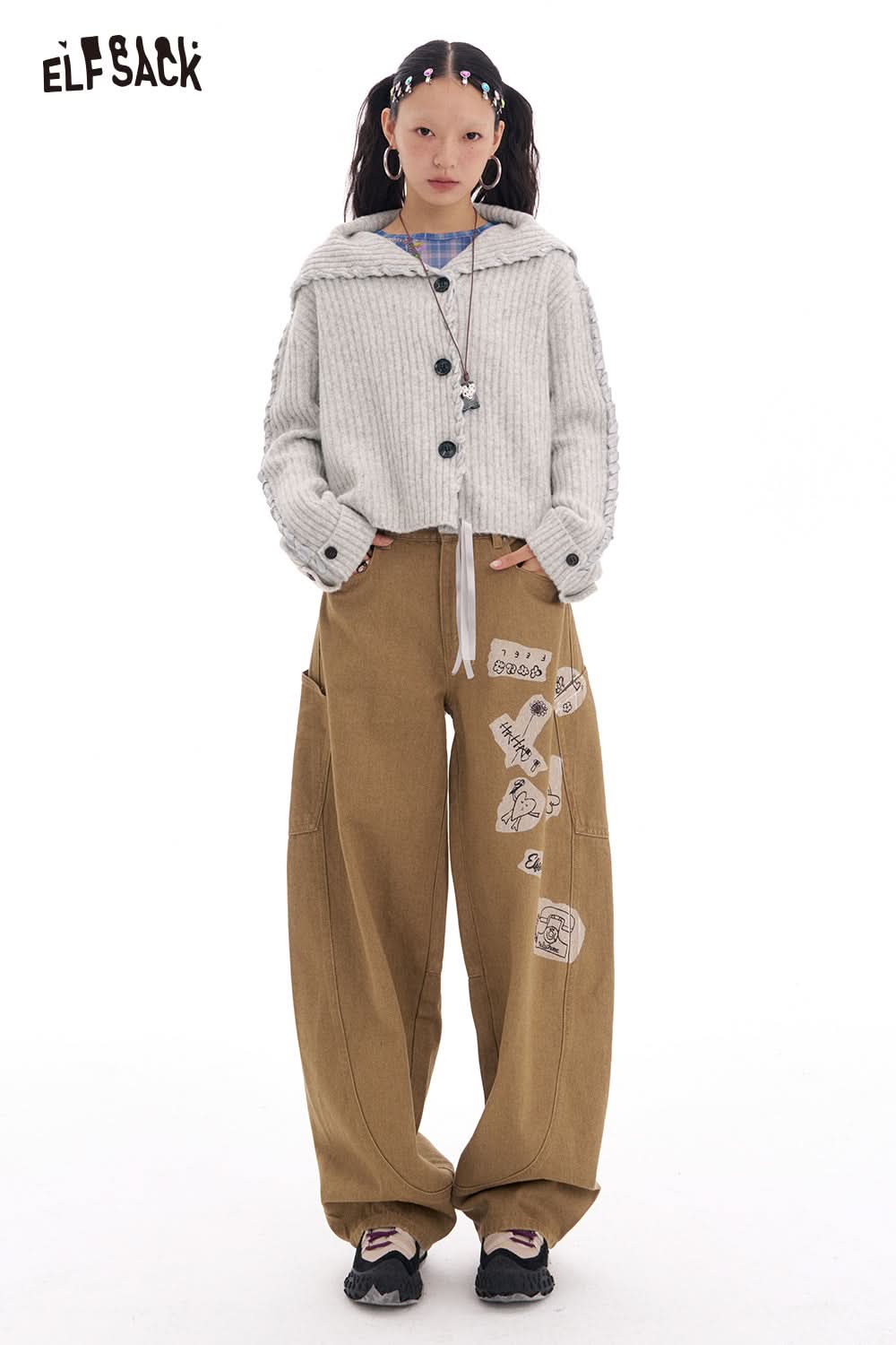 ELFSACK Gray Simple Loose Knitted Cardigan Women's Tie-Strap Design Sweater