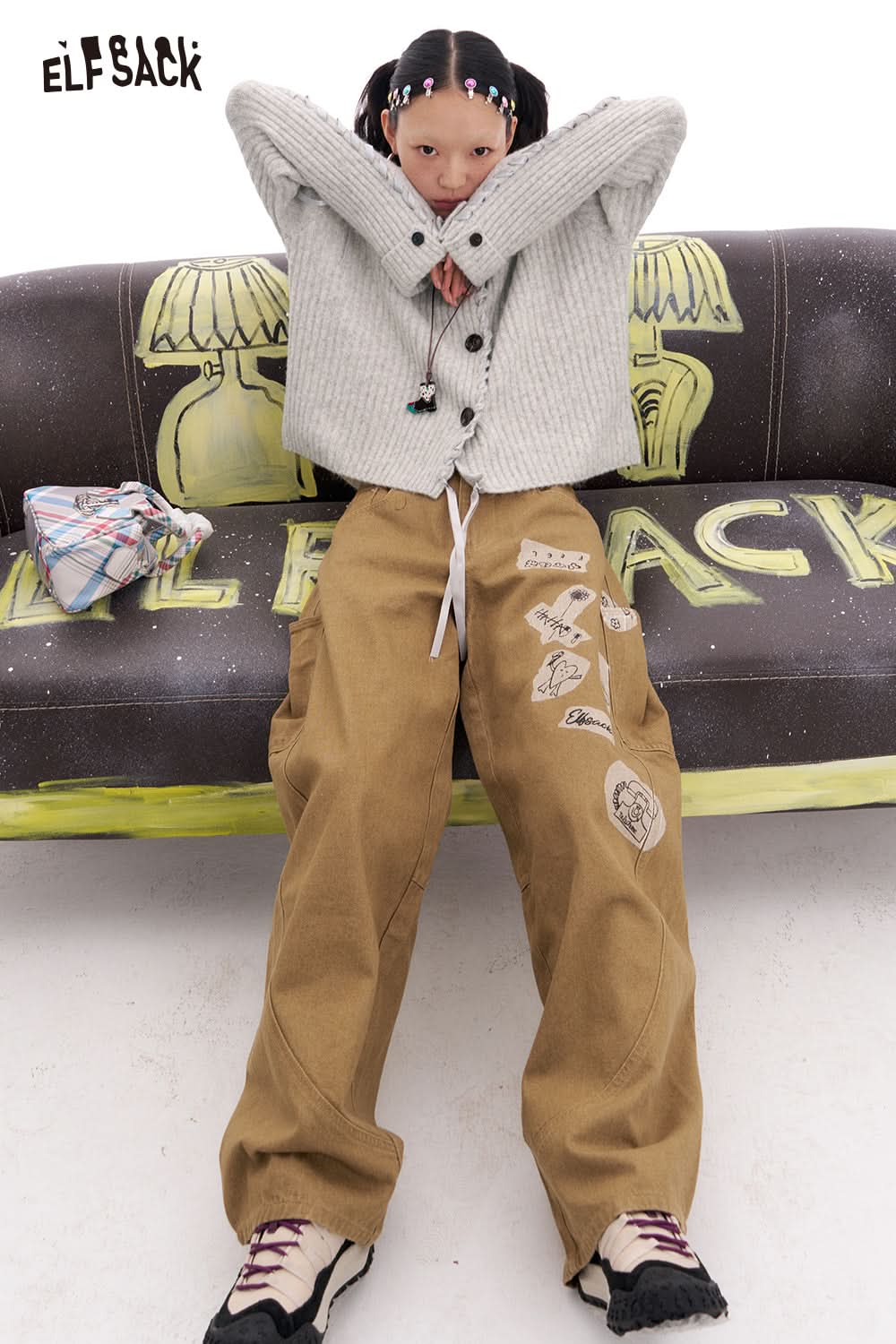 ELFSACK Gray Simple Loose Knitted Cardigan Women's Tie-Strap Design Sweater