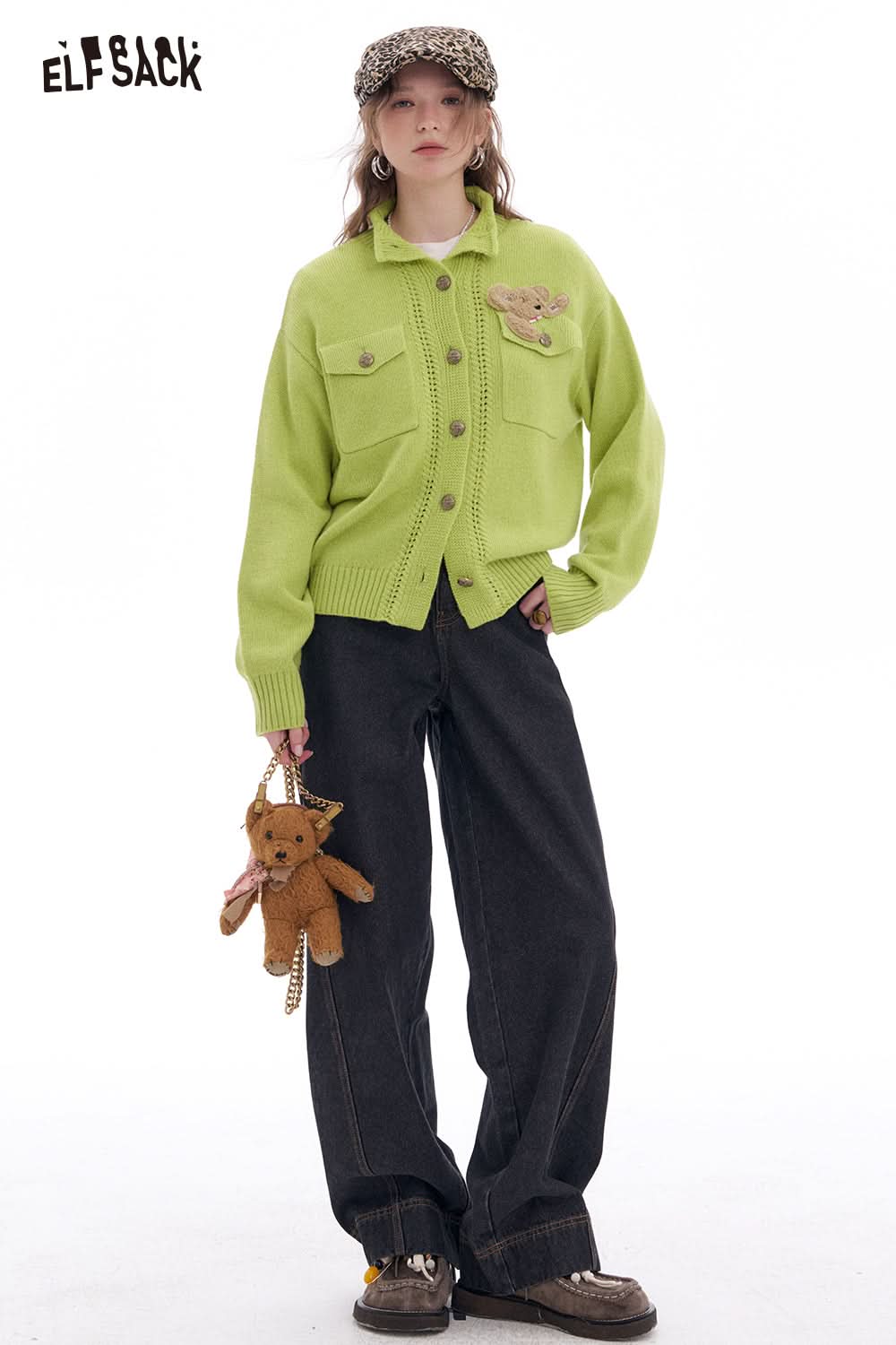 ELFSACK Women's Fashion Front Button Stand Collar Bear Patch Knit Cardigan Sweater Long Sleeve Fitted Hem Chic Outerwear Female Tops