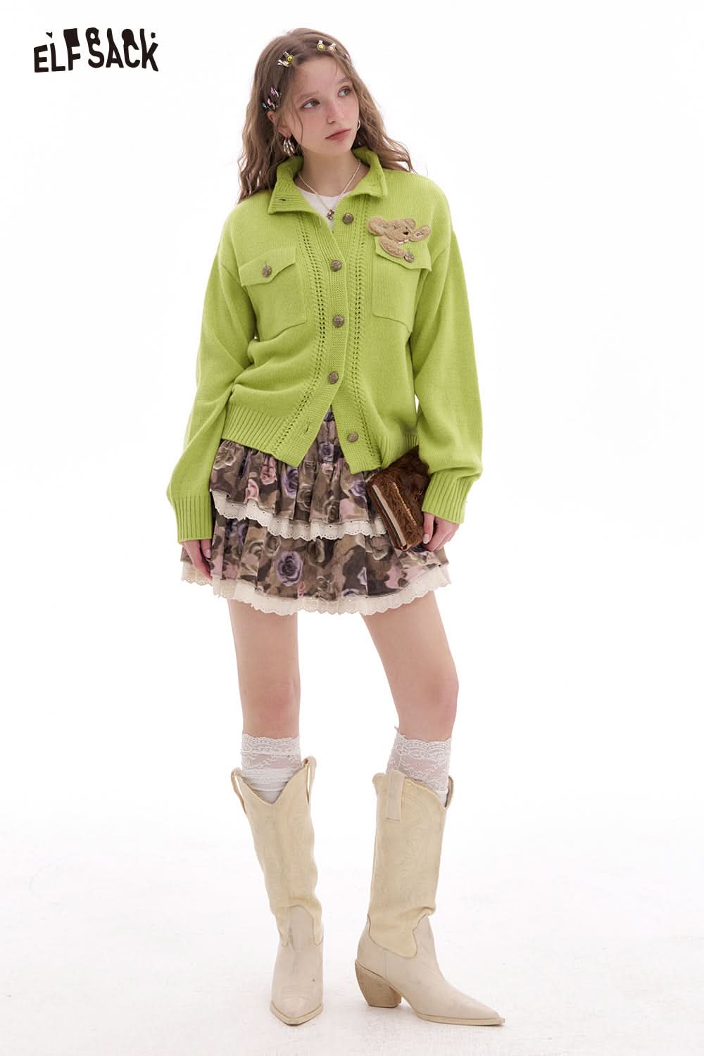 ELFSACK Women's Fashion Front Button Stand Collar Bear Patch Knit Cardigan Sweater Long Sleeve Fitted Hem Chic Outerwear Female Tops