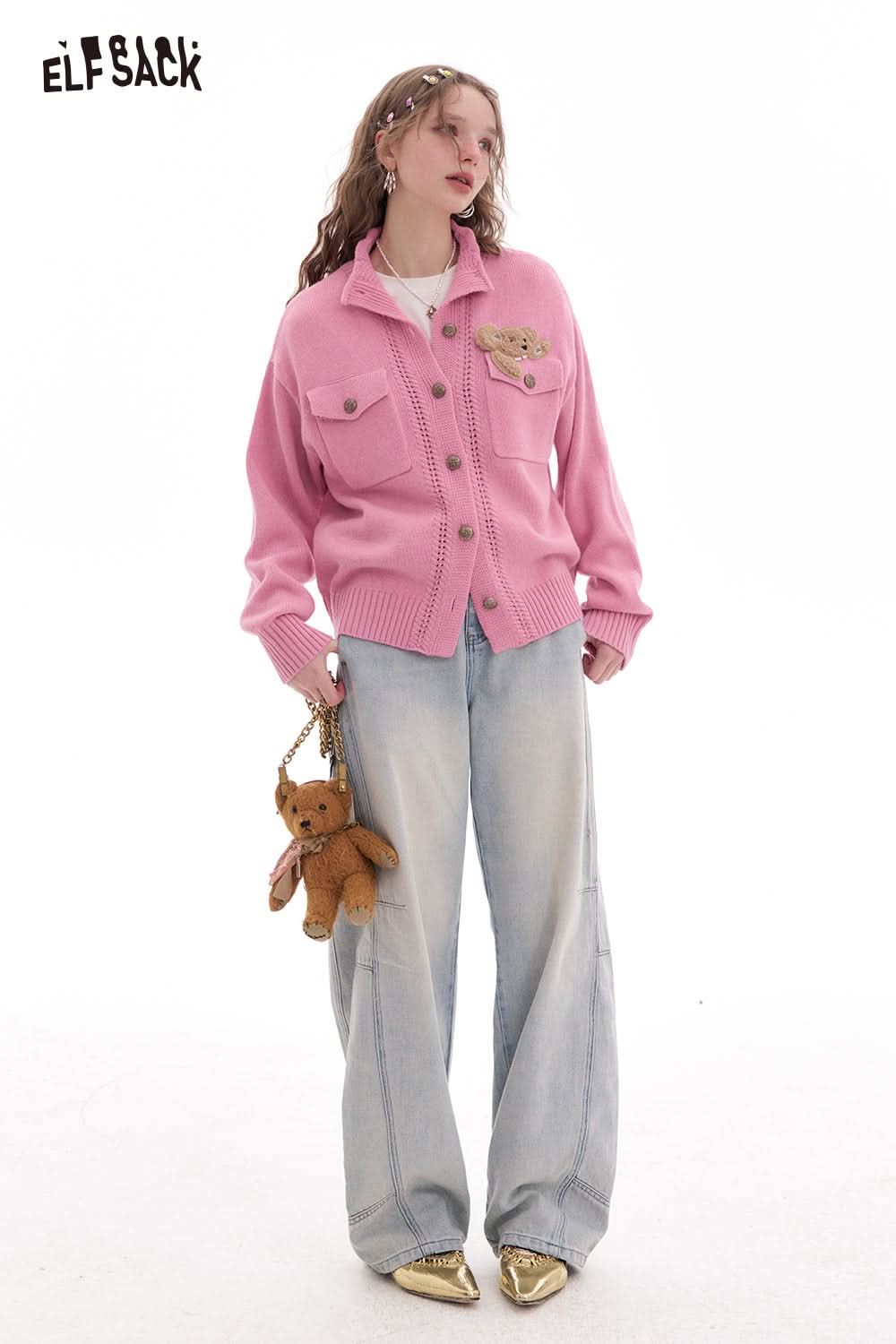 ELFSACK Women's Fashion Front Button Stand Collar Bear Patch Knit Cardigan Sweater Long Sleeve Fitted Hem Chic Outerwear Female Tops