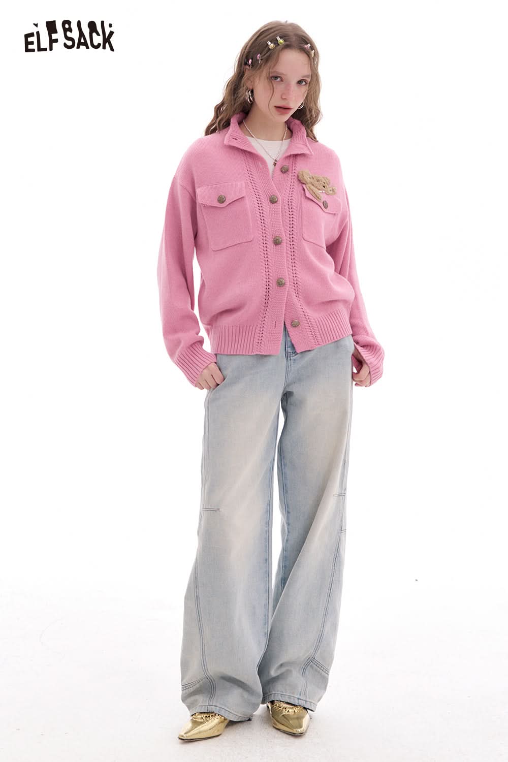 ELFSACK Women's Fashion Front Button Stand Collar Bear Patch Knit Cardigan Sweater Long Sleeve Fitted Hem Chic Outerwear Female Tops