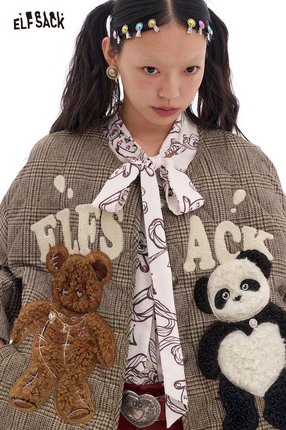 ELFSACK Retro Plaid Bear Patch Jacket Women's O Neck Single Breasted Top