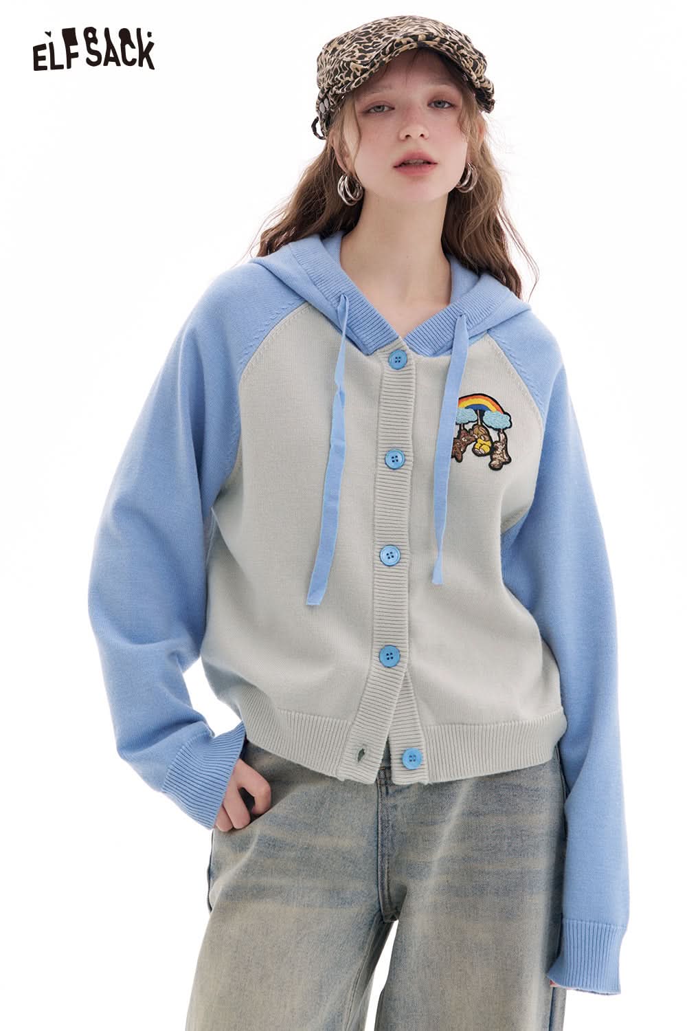 ELFSACK Bear patch contrast color hooded cardigan sweater women preppy style short coat