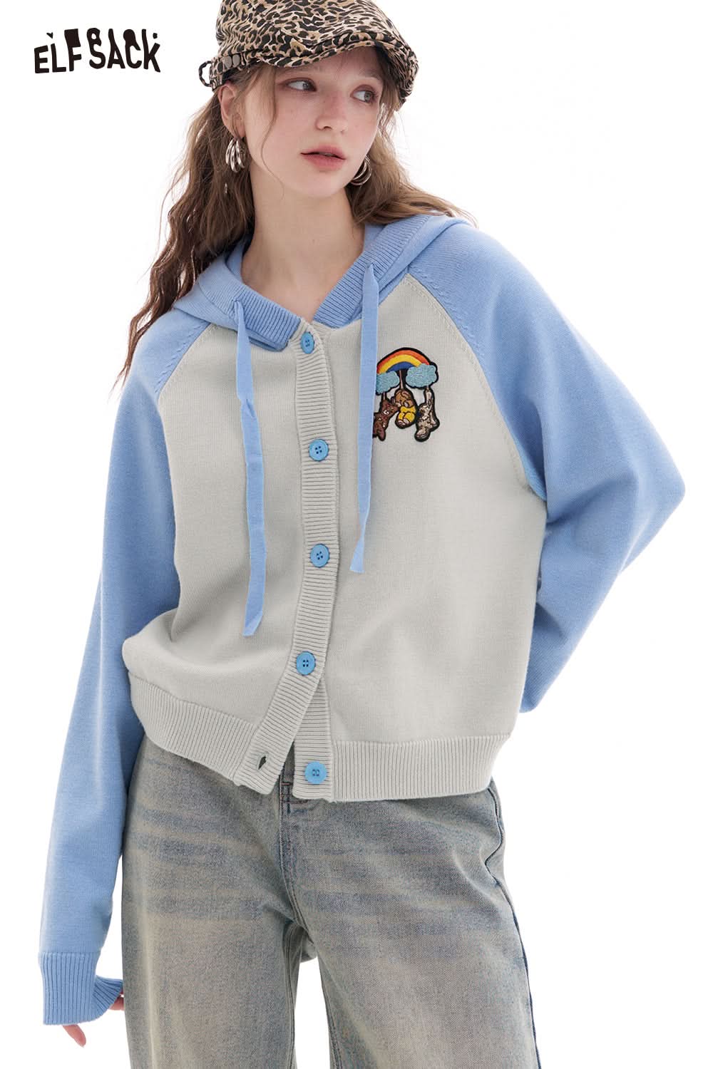 ELFSACK Bear patch contrast color hooded cardigan sweater women preppy style short coat