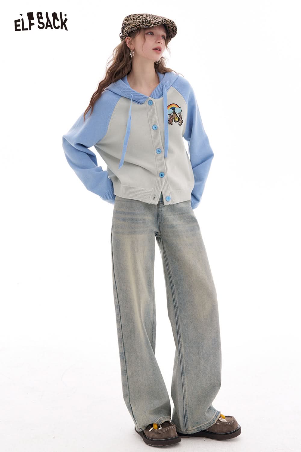 ELFSACK Bear patch contrast color hooded cardigan sweater women preppy style short coat