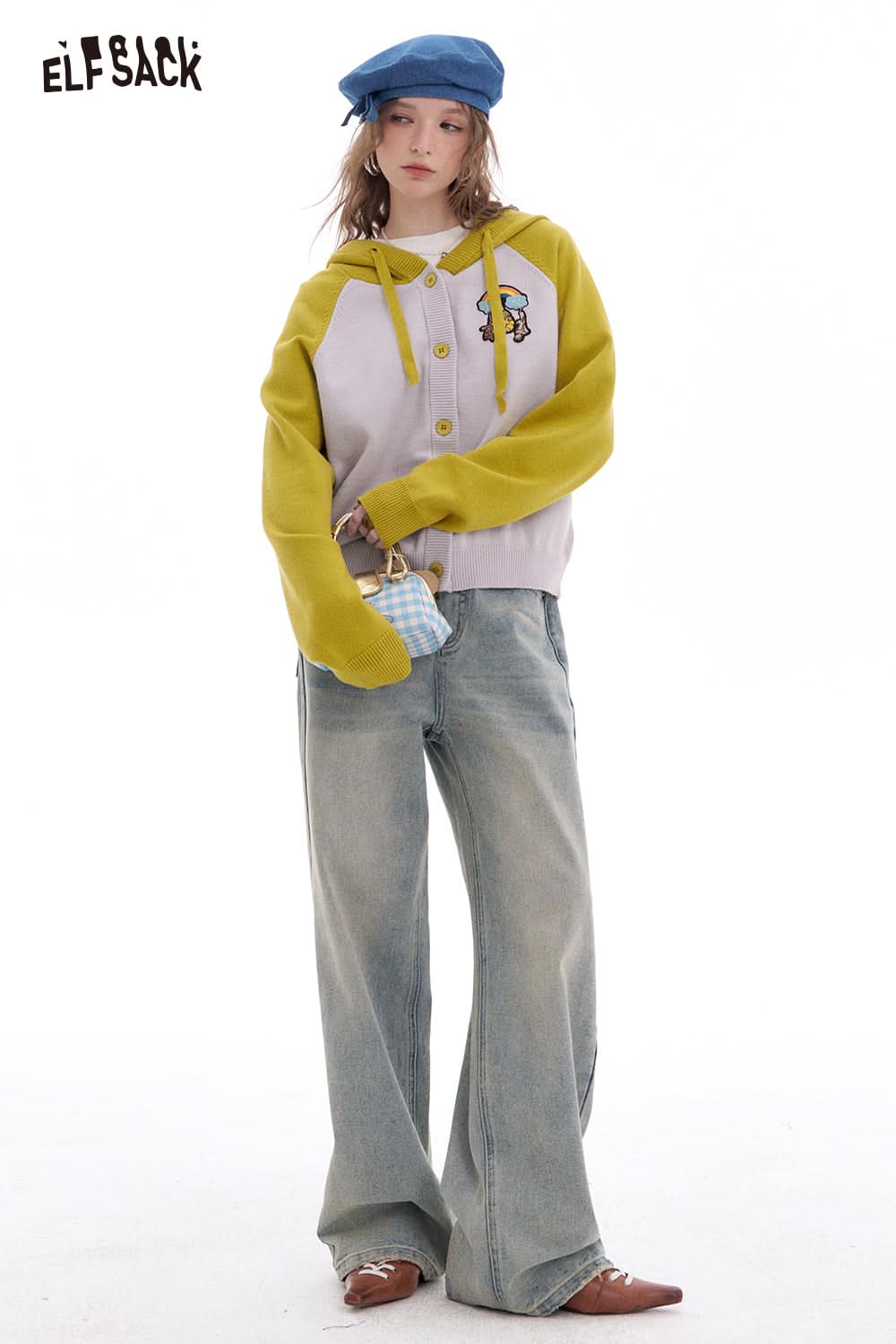 ELFSACK Bear patch contrast color hooded cardigan sweater women preppy style short coat