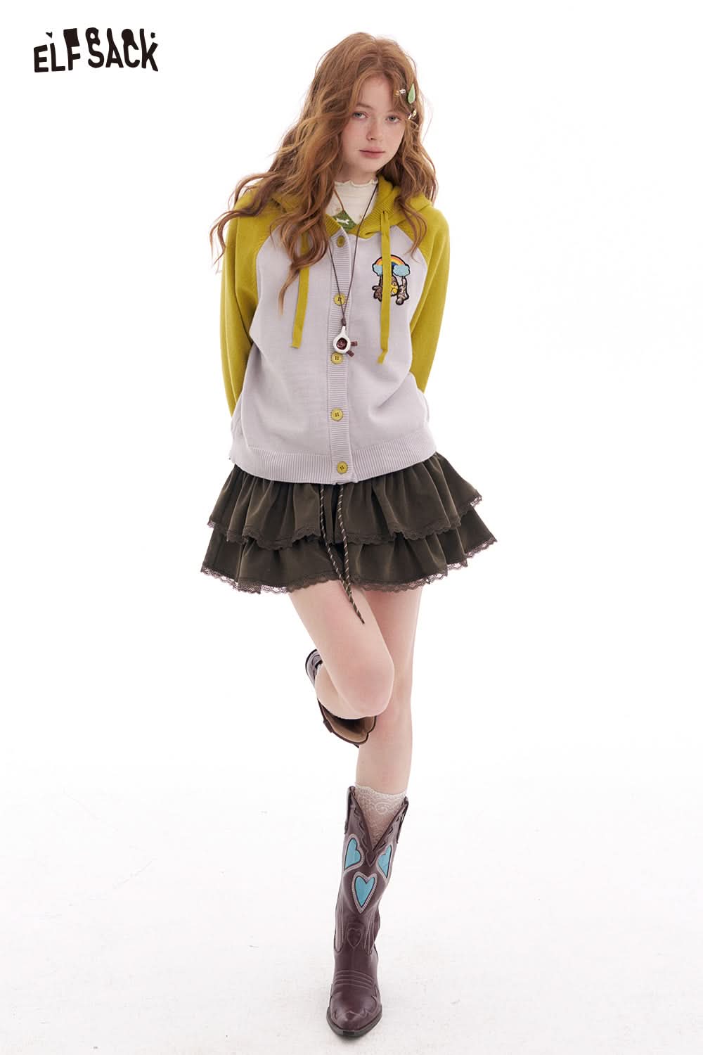 ELFSACK Bear patch contrast color hooded cardigan sweater women preppy style short coat