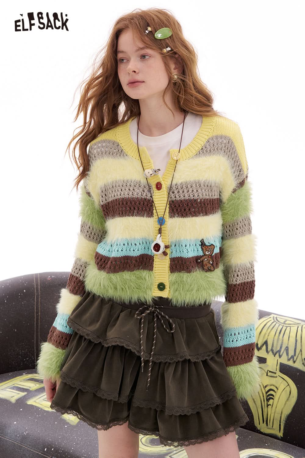 ELFSACK Striped contrasting colors plush cardigan sweater women Y2k short coat