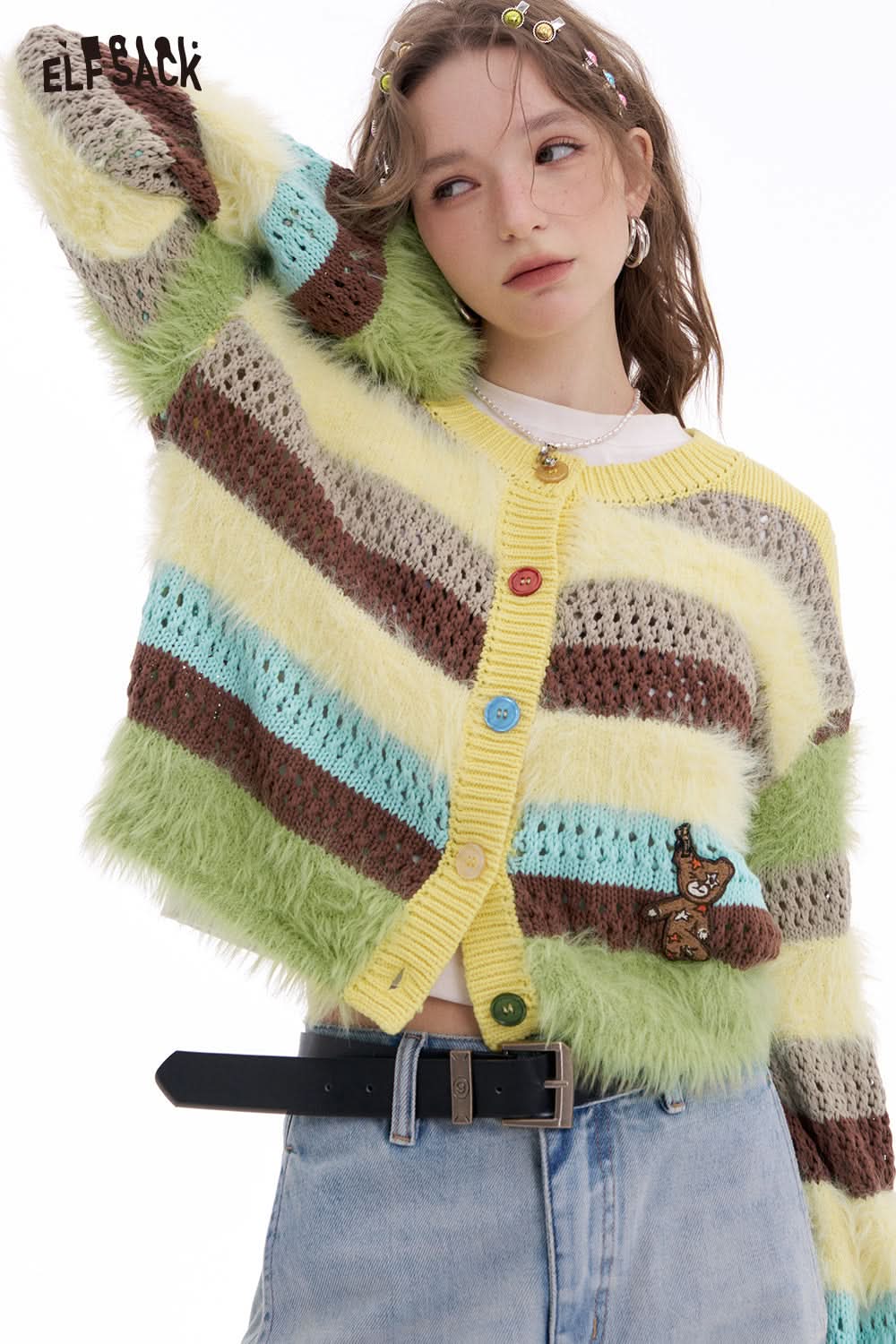 ELFSACK Striped contrasting colors plush cardigan sweater women Y2k short coat