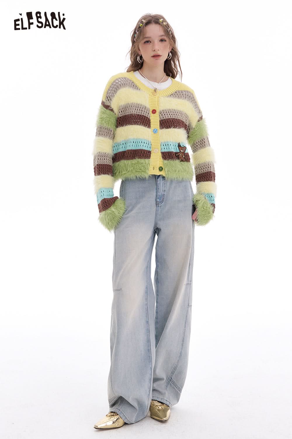 ELFSACK Striped contrasting colors plush cardigan sweater women Y2k short coat