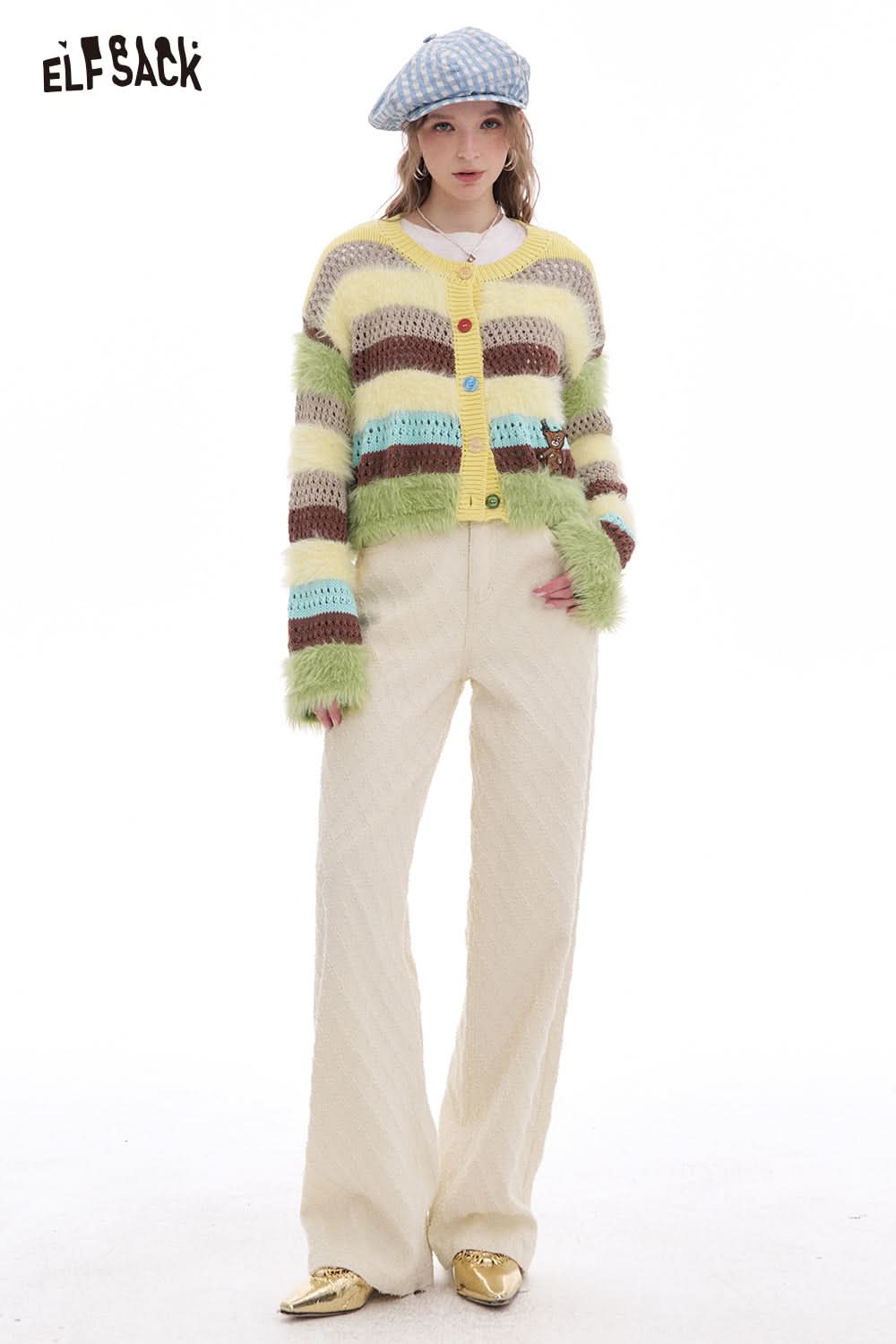 ELFSACK Striped contrasting colors plush cardigan sweater women Y2k short coat