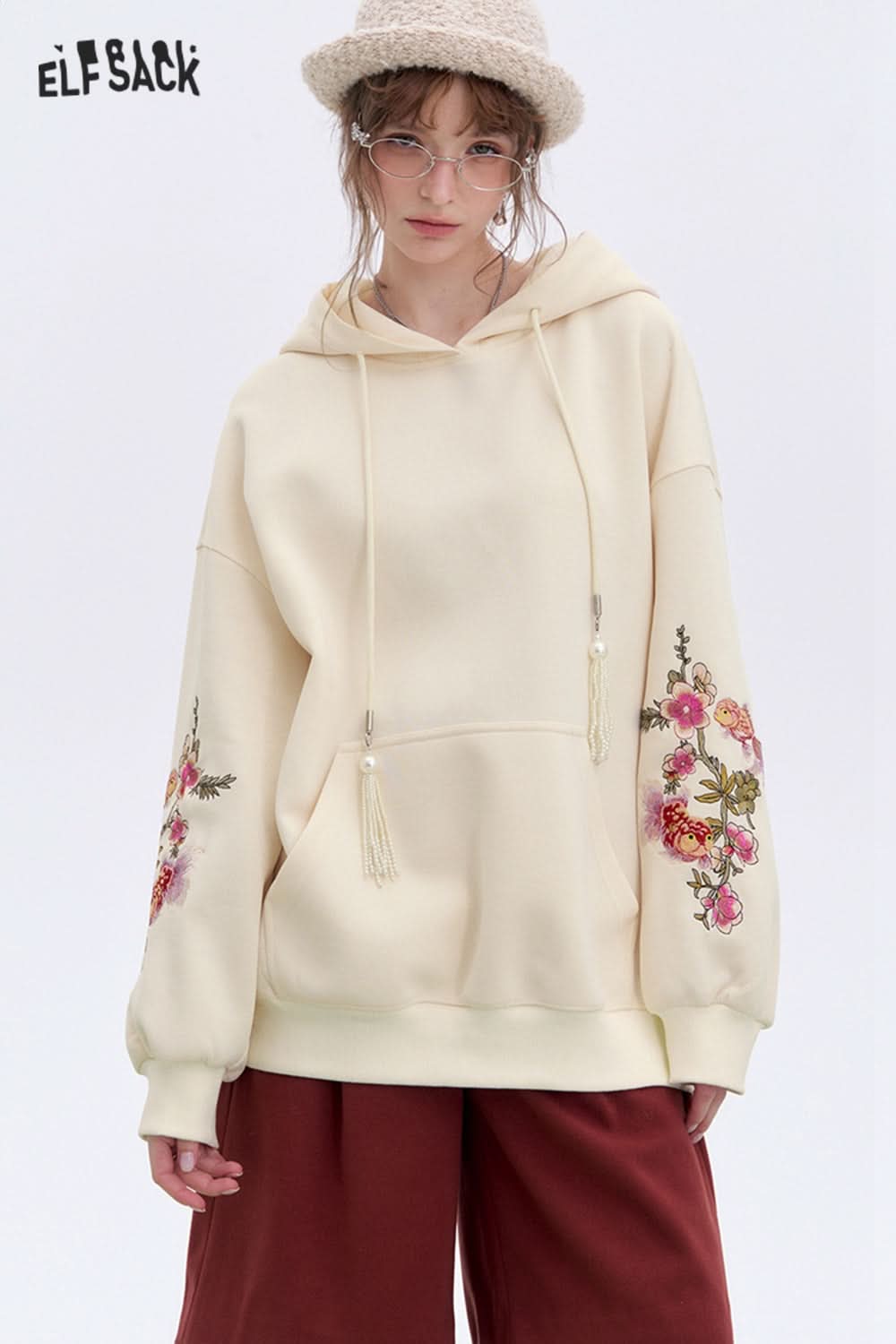 ELFSACK Lucky Koi Embroidered Hoodie Women's Loose Casual Neo-Chinese style Top