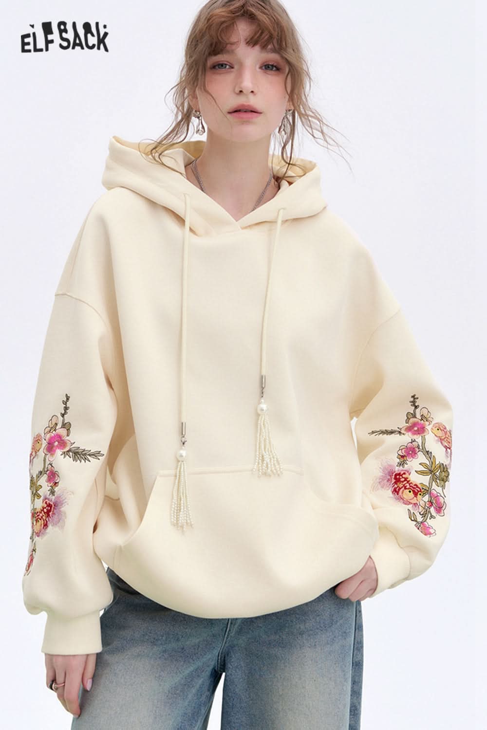 ELFSACK Lucky Koi Embroidered Hoodie Women's Loose Casual Neo-Chinese style Top