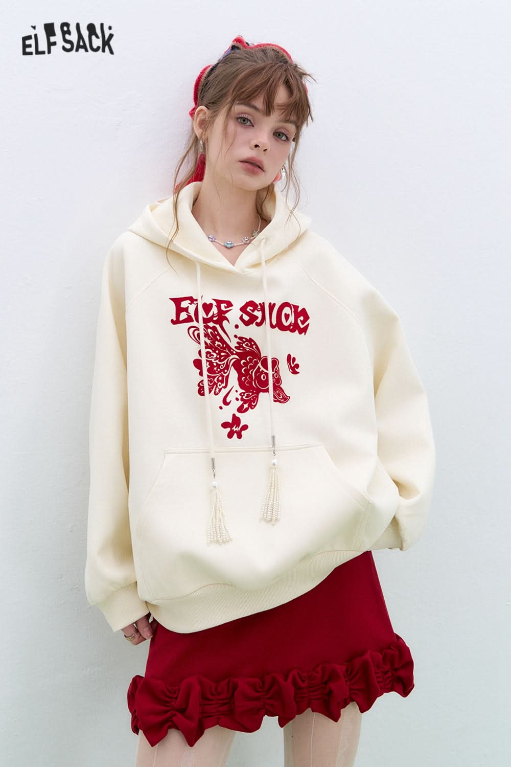 ELFSACK Neo-Chinese style Koi Hoodies Women Year Lucky Loose Casual Tops