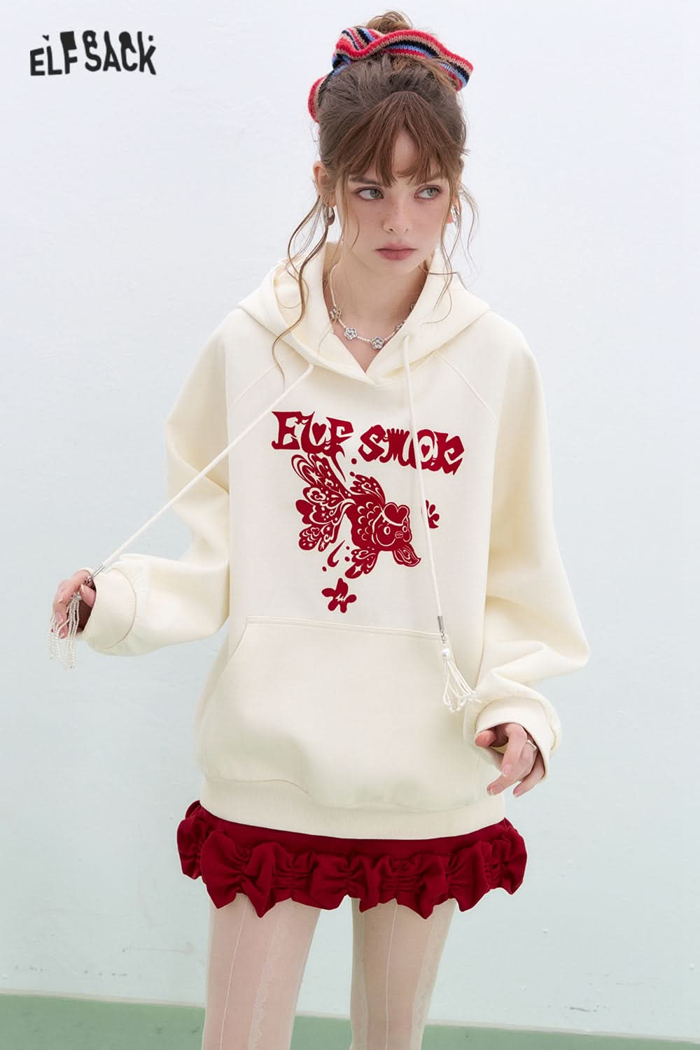ELFSACK Neo-Chinese style Koi Hoodies Women Year Lucky Loose Casual Tops