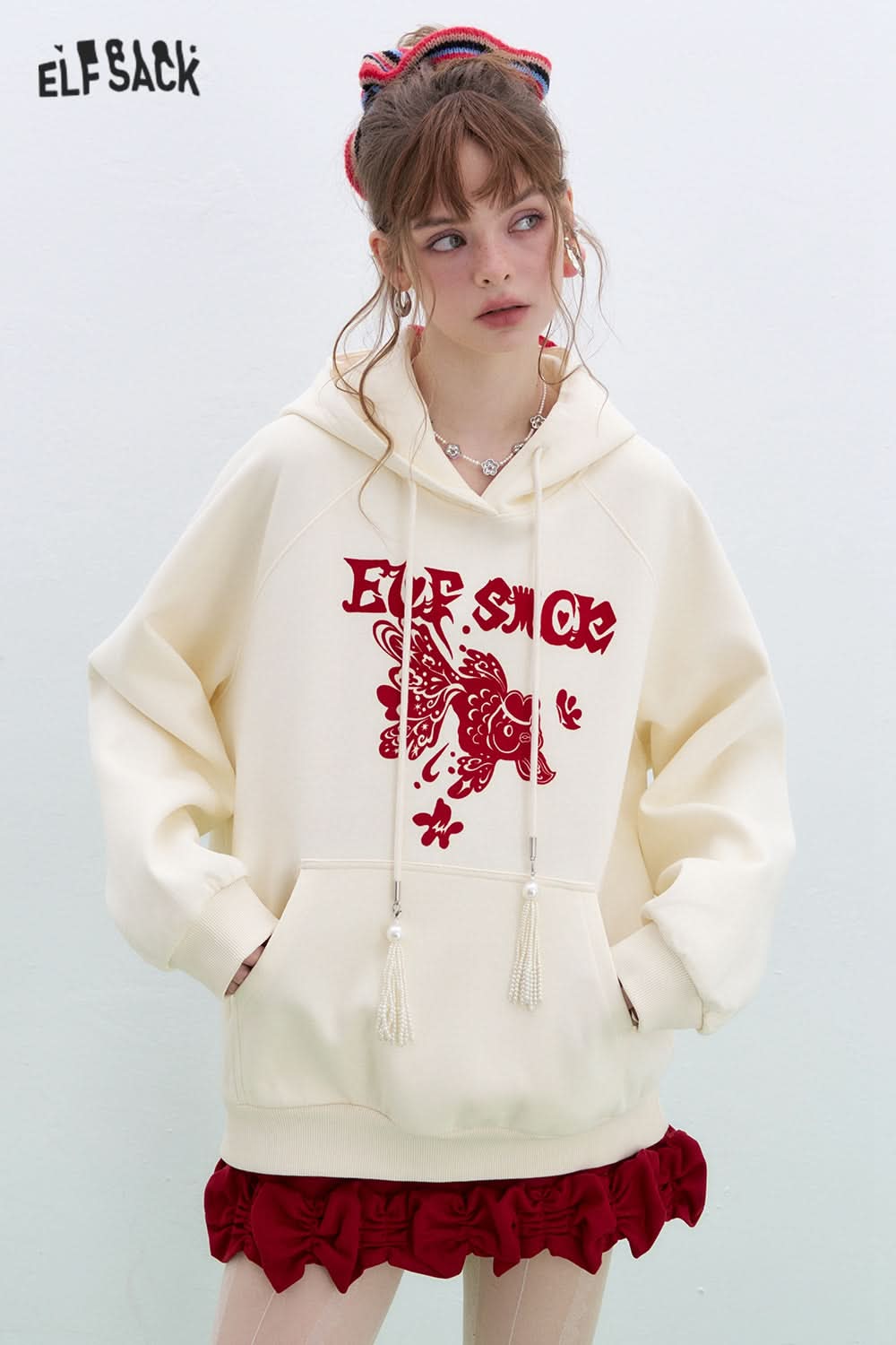 ELFSACK Neo-Chinese style Koi Hoodies Women Year Lucky Loose Casual Tops