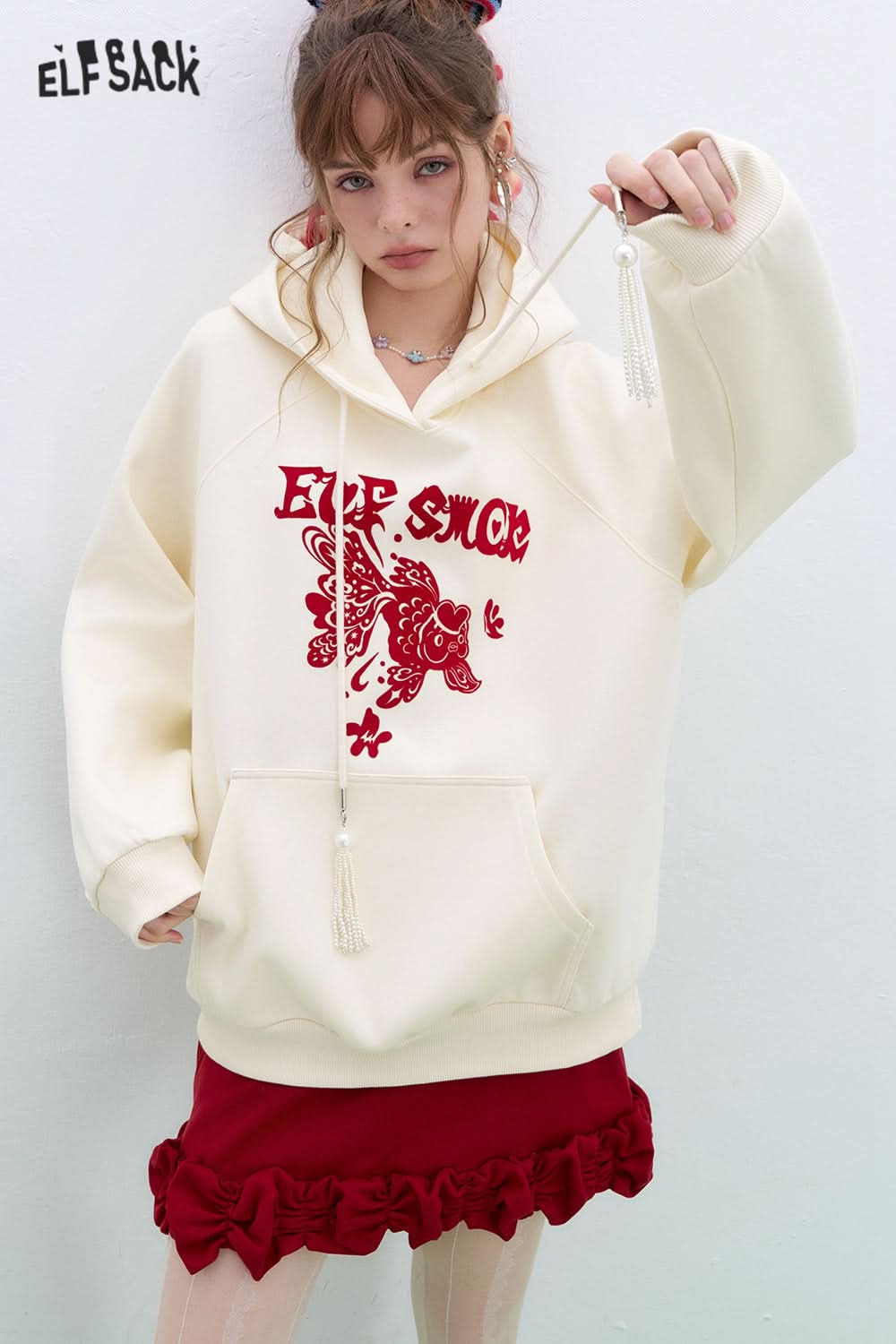 ELFSACK Neo-Chinese style Koi Hoodies Women Year Lucky Loose Casual Tops