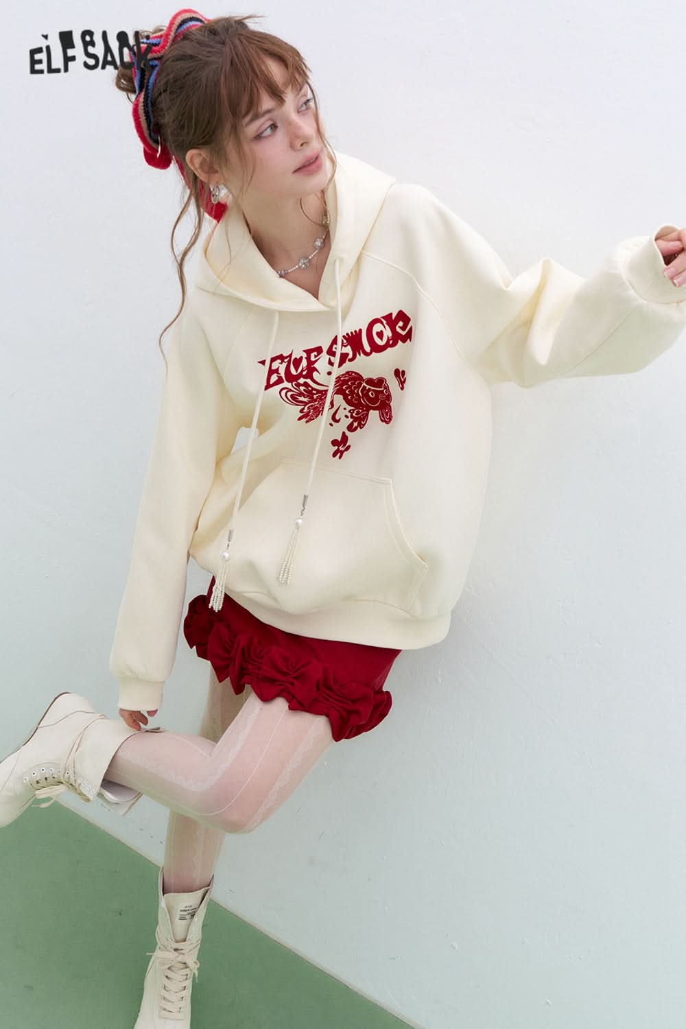 ELFSACK Neo-Chinese style Koi Hoodies Women Year Lucky Loose Casual Tops