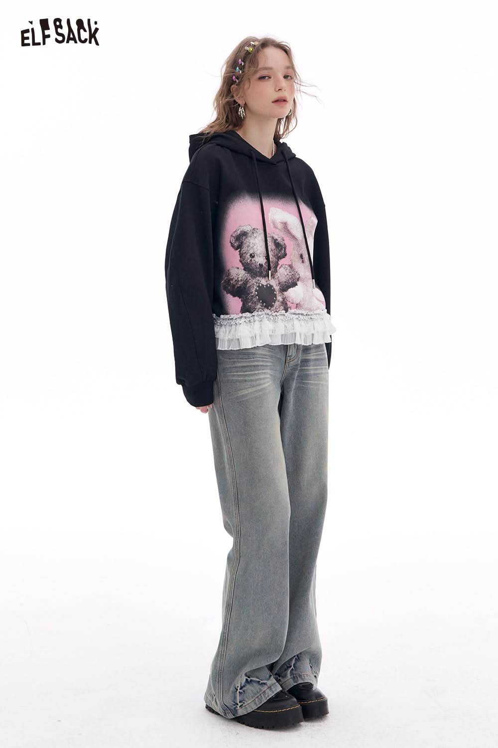 ELFSACK Y2K Black Lace Stitching Cartoon Printed Hooded Sweatshirt Women