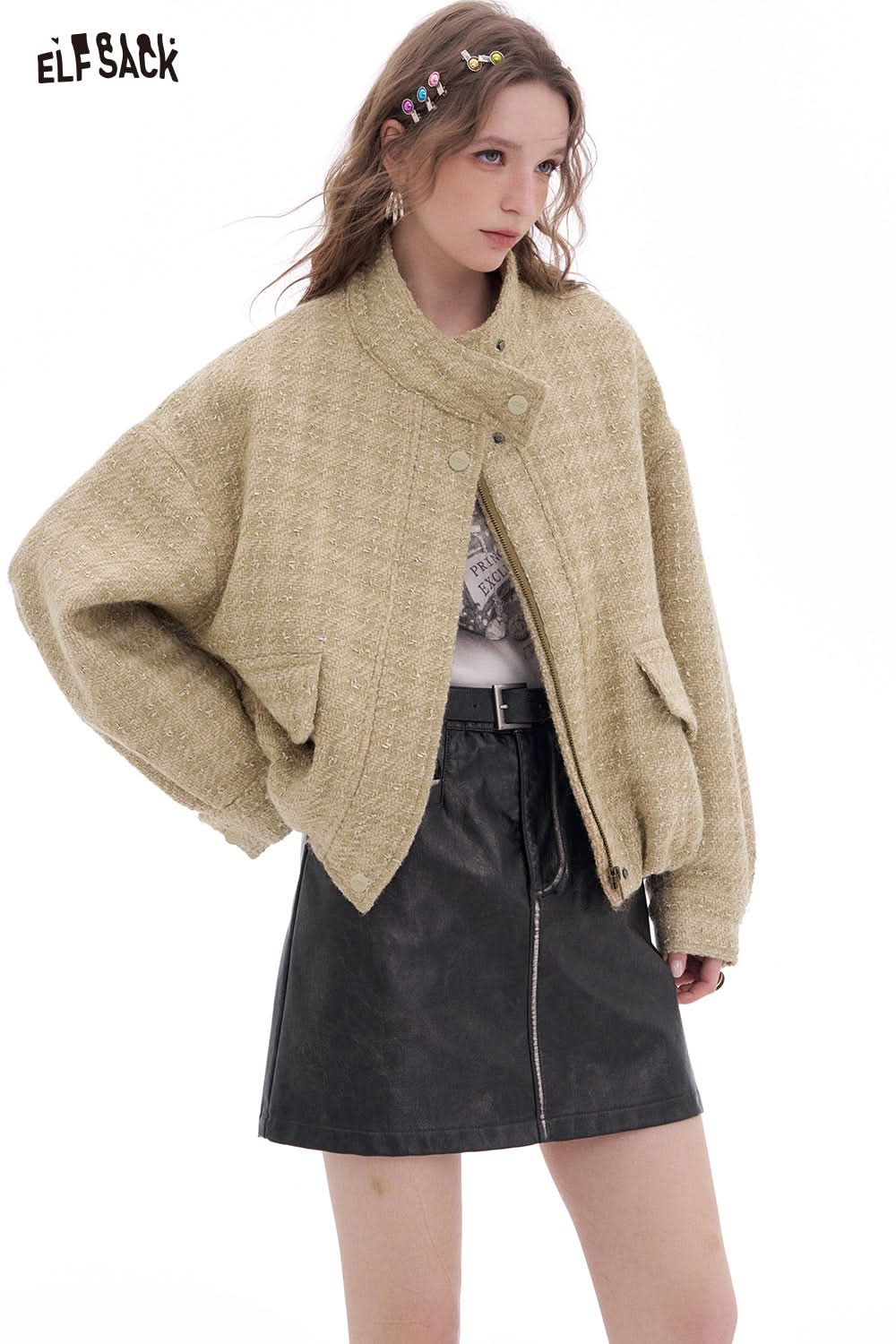 ELFSACK Fashion Korean Outerwear Woman Stand Collar Cropped Jacket Female