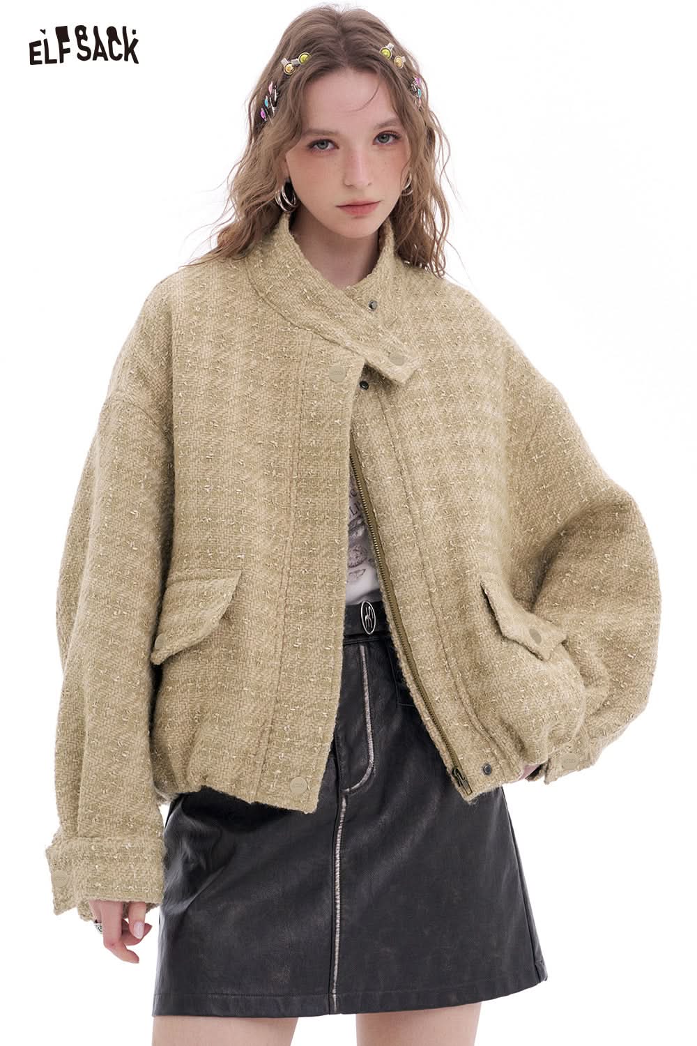 ELFSACK Fashion Korean Outerwear Woman Stand Collar Cropped Jacket Female