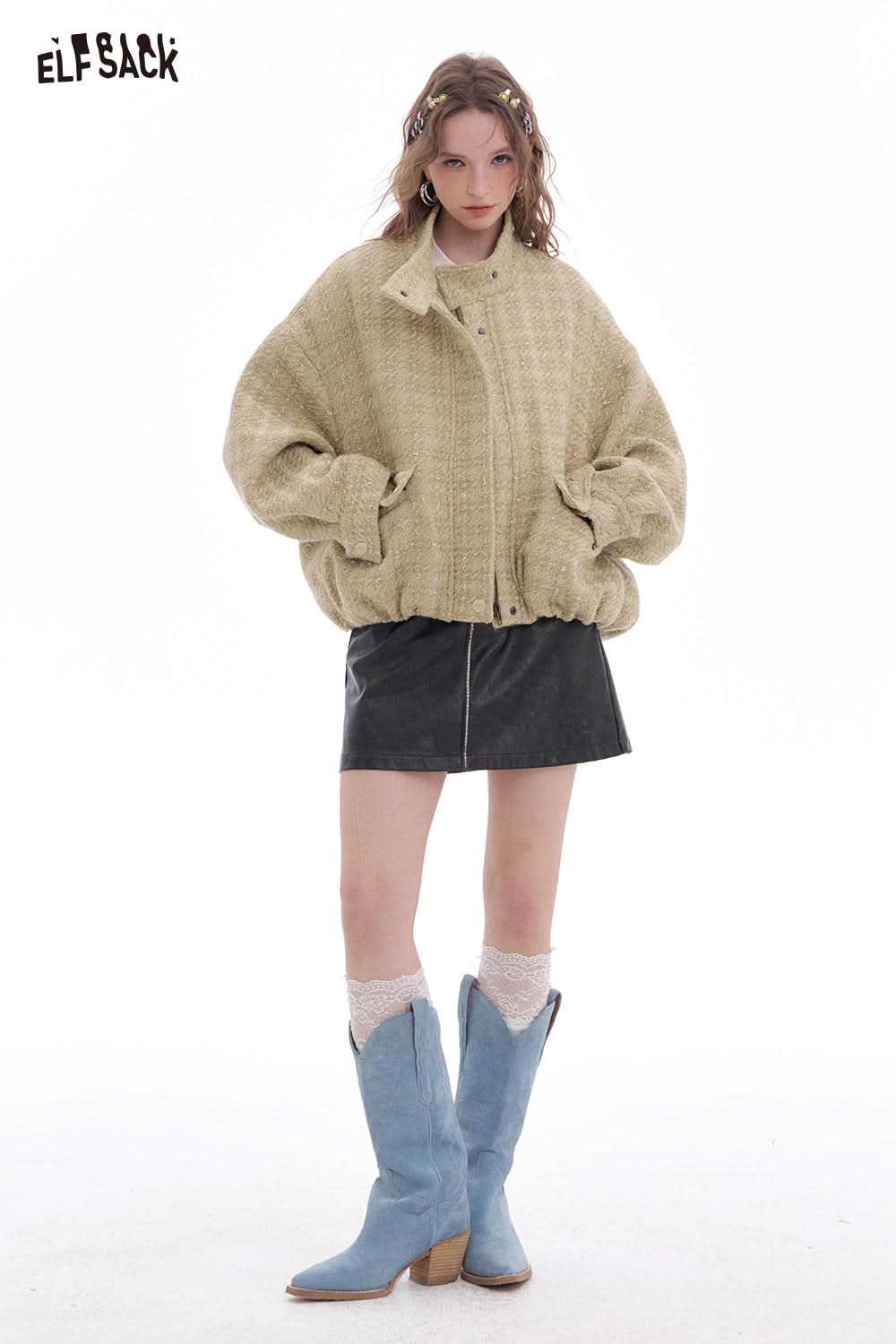 ELFSACK Fashion Korean Outerwear Woman Stand Collar Cropped Jacket Female