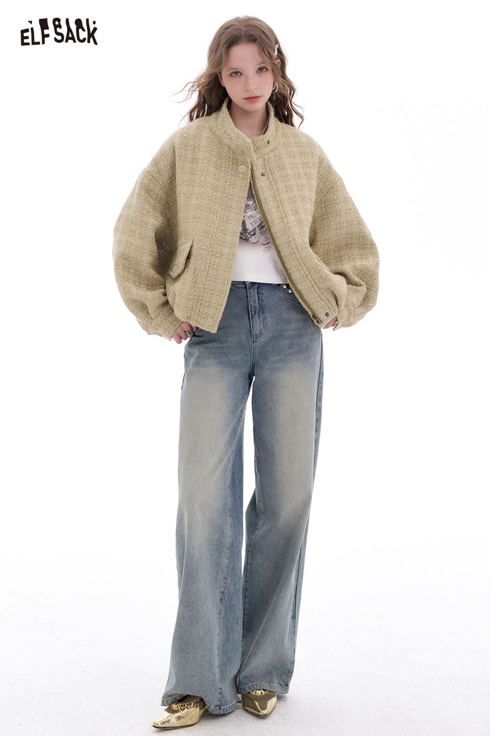 ELFSACK Fashion Korean Outerwear Woman Stand Collar Cropped Jacket Female