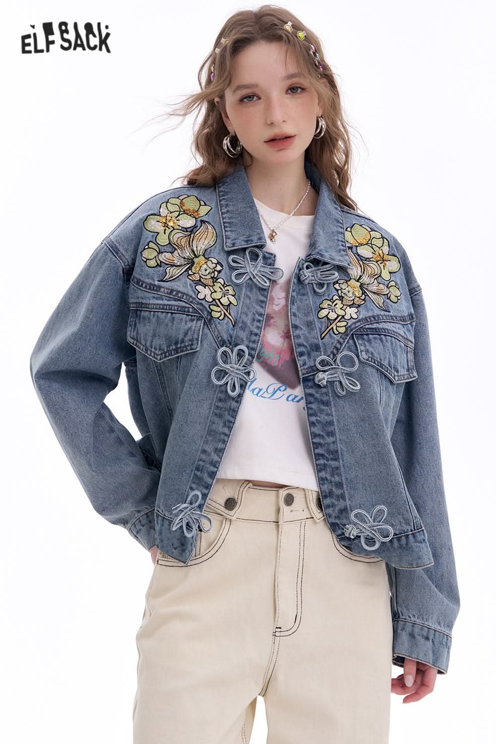ELFSACK Neo-Chinese style sequin embroidery flower button denim jacket Women