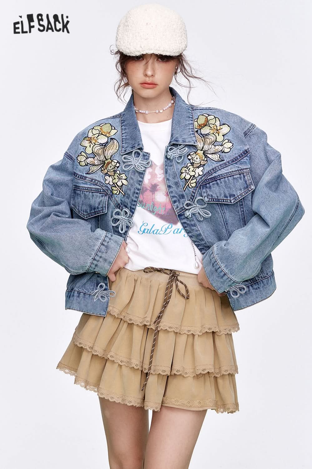 ELFSACK Neo-Chinese style sequin embroidery flower button denim jacket Women