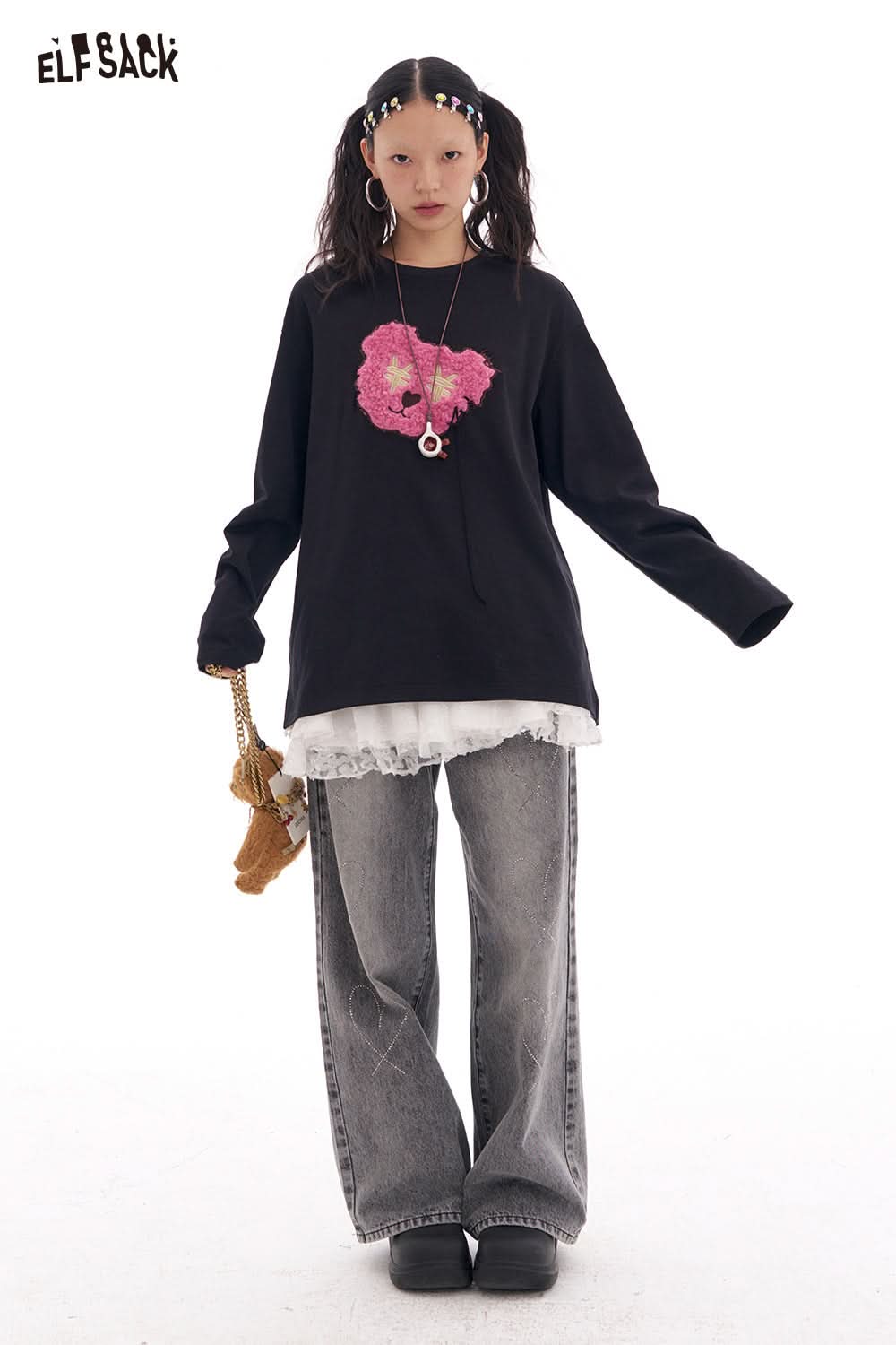 ELFSACK Y2K Cute Bear Long Sleeve O-Neck T-Shirt Women Loose Casual Tops