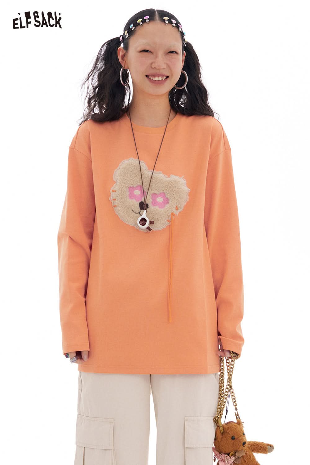ELFSACK Y2K Cute Bear Long Sleeve O-Neck T-Shirt Women Loose Casual Tops