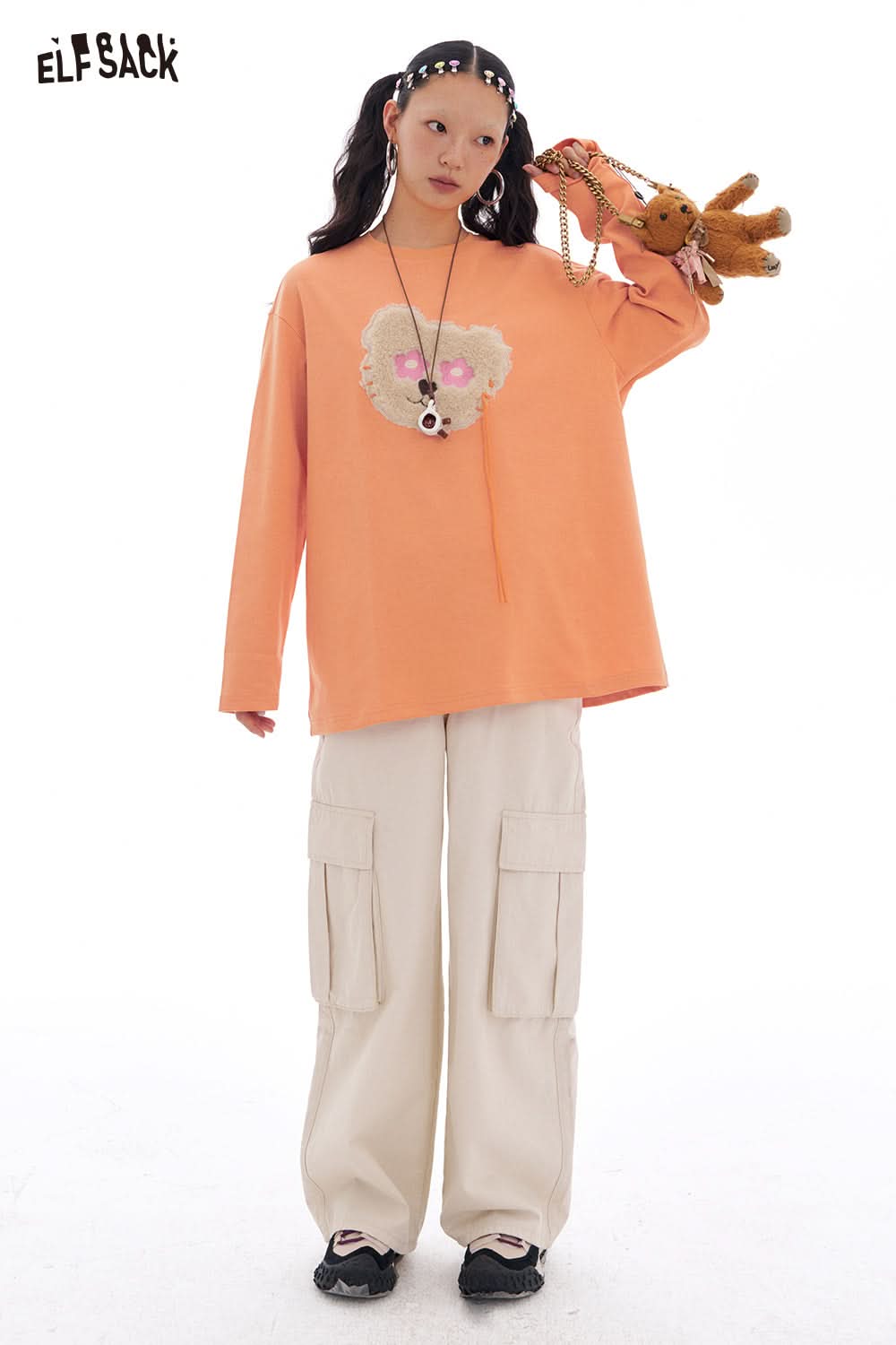 ELFSACK Y2K Cute Bear Long Sleeve O-Neck T-Shirt Women Loose Casual Tops