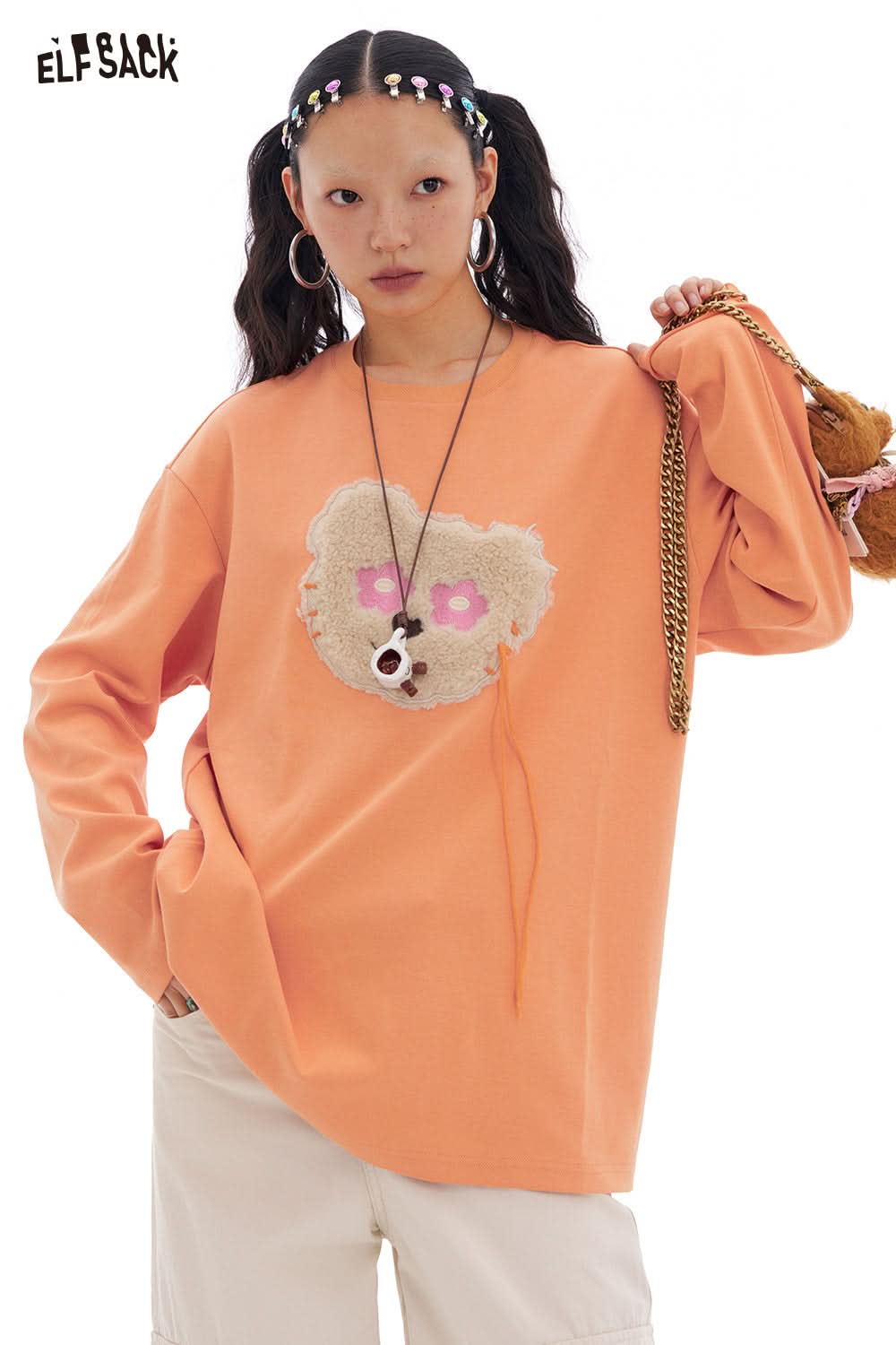 ELFSACK Y2K Cute Bear Long Sleeve O-Neck T-Shirt Women Loose Casual Tops