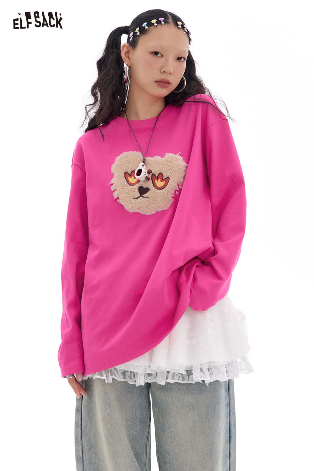 ELFSACK Y2K Cute Bear Long Sleeve O-Neck T-Shirt Women Loose Casual Tops