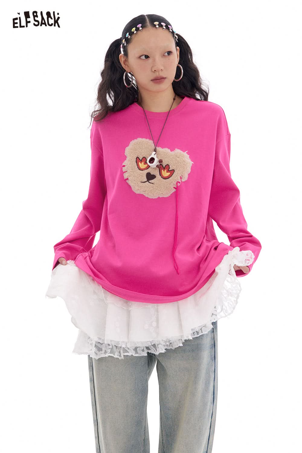 ELFSACK Y2K Cute Bear Long Sleeve O-Neck T-Shirt Women Loose Casual Tops