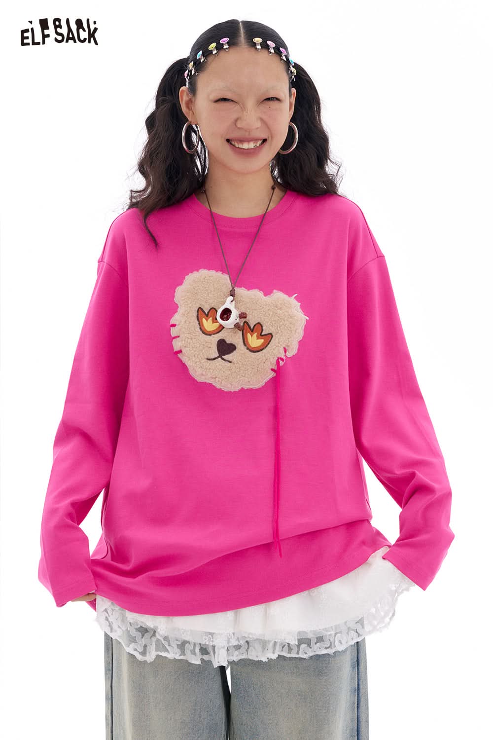 ELFSACK Y2K Cute Bear Long Sleeve O-Neck T-Shirt Women Loose Casual Tops