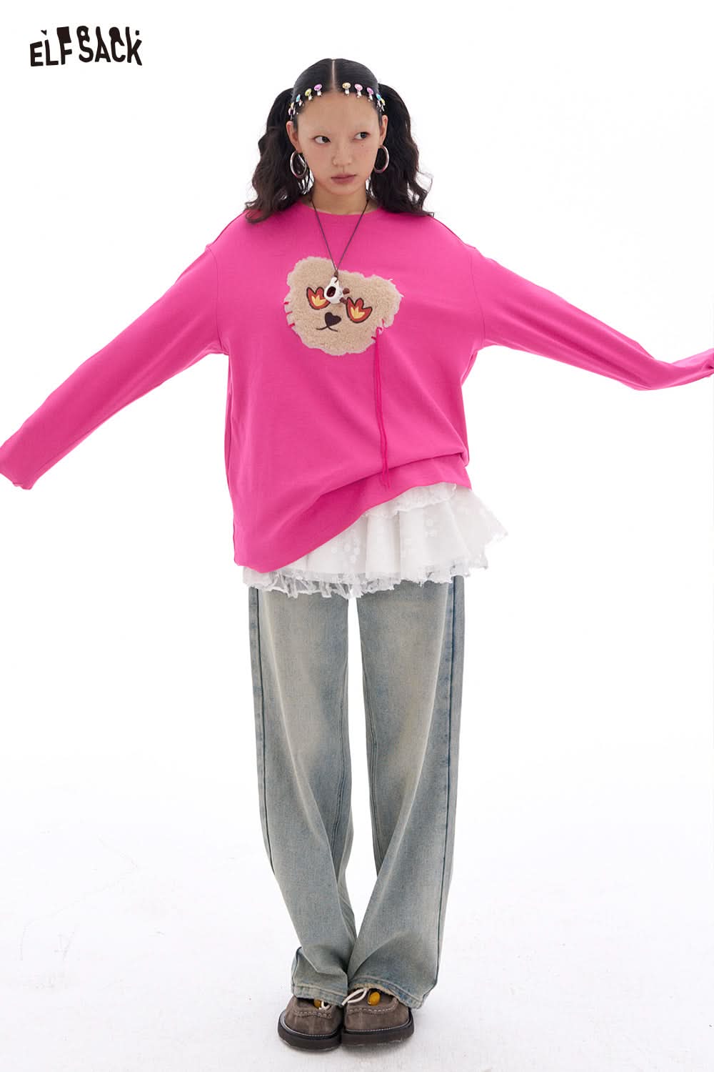 ELFSACK Y2K Cute Bear Long Sleeve O-Neck T-Shirt Women Loose Casual Tops