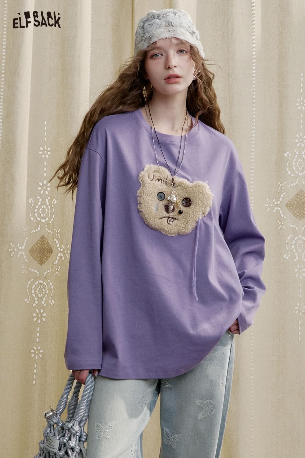 ELFSACK Y2K Cute Bear Long Sleeve O-Neck T-Shirt Women Loose Casual Tops