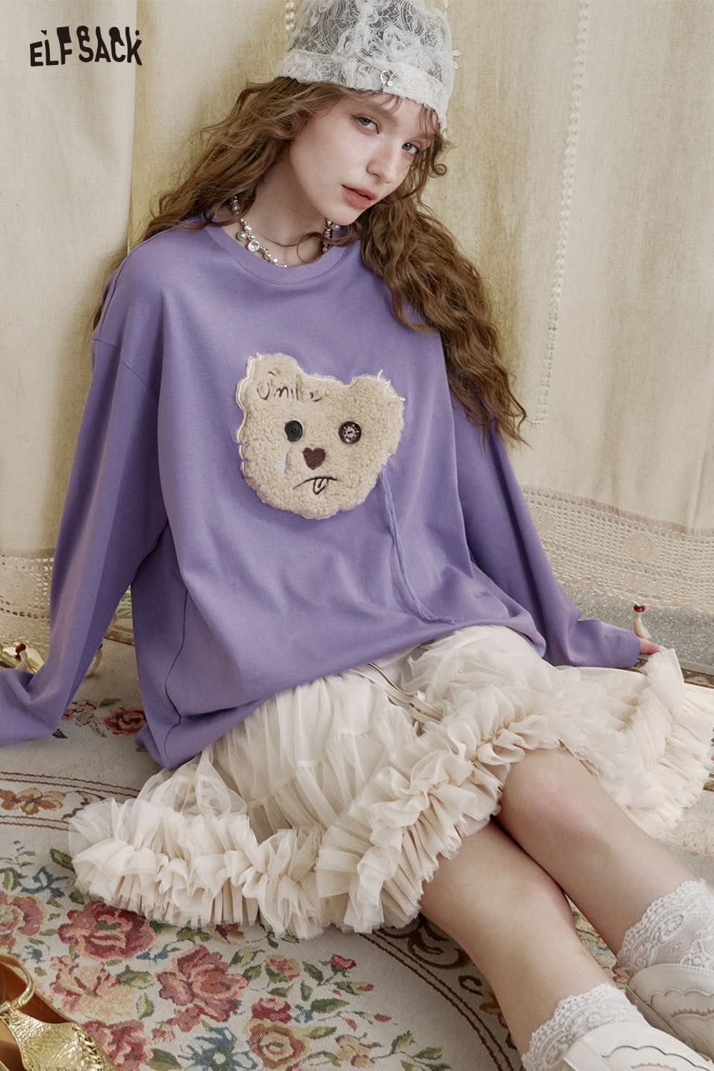 ELFSACK Y2K Cute Bear Long Sleeve O-Neck T-Shirt Women Loose Casual Tops