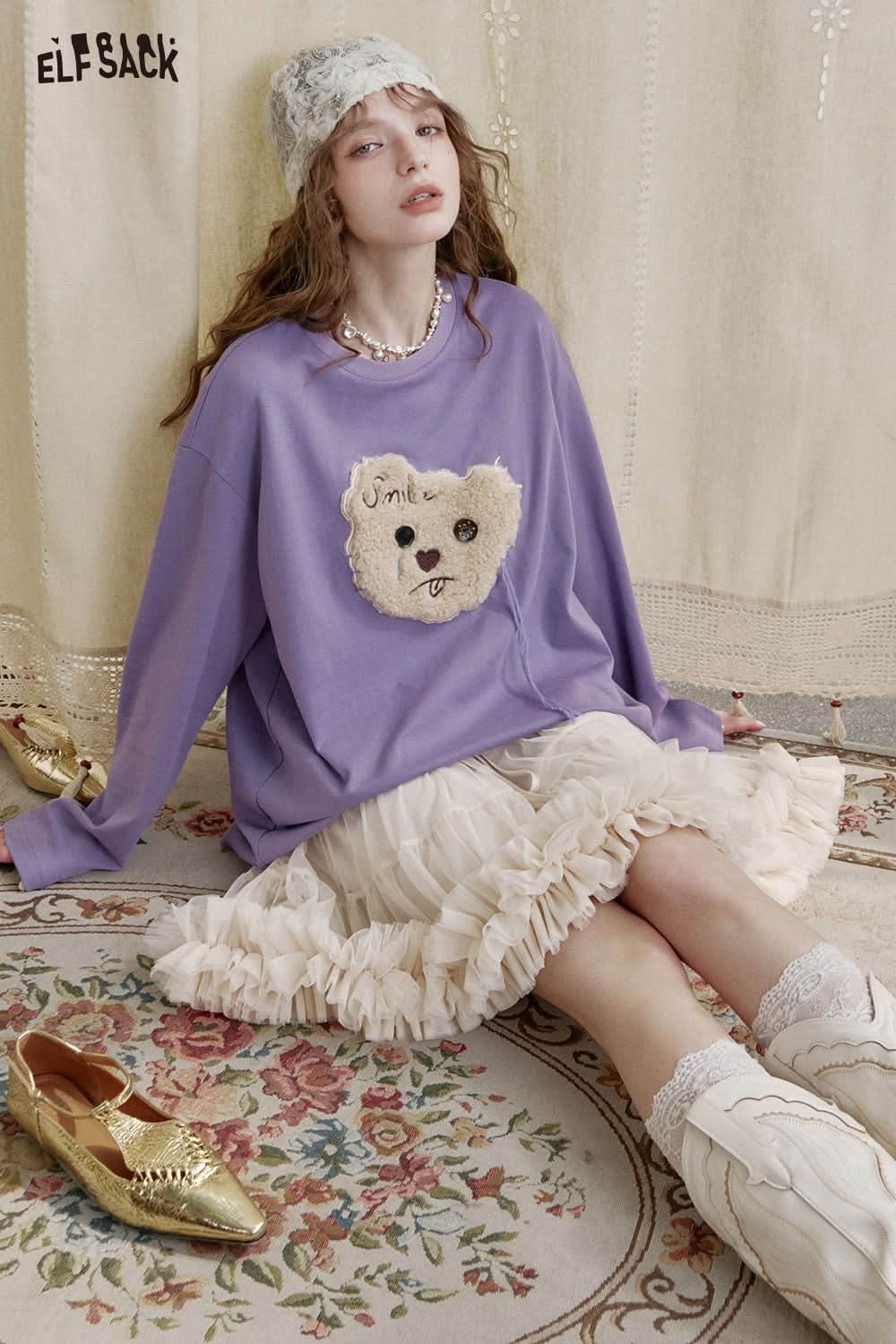 ELFSACK Y2K Cute Bear Long Sleeve O-Neck T-Shirt Women Loose Casual Tops