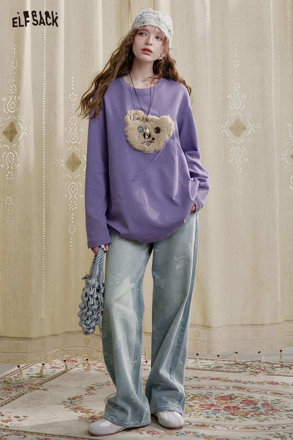 ELFSACK Y2K Cute Bear Long Sleeve O-Neck T-Shirt Women Loose Casual Tops