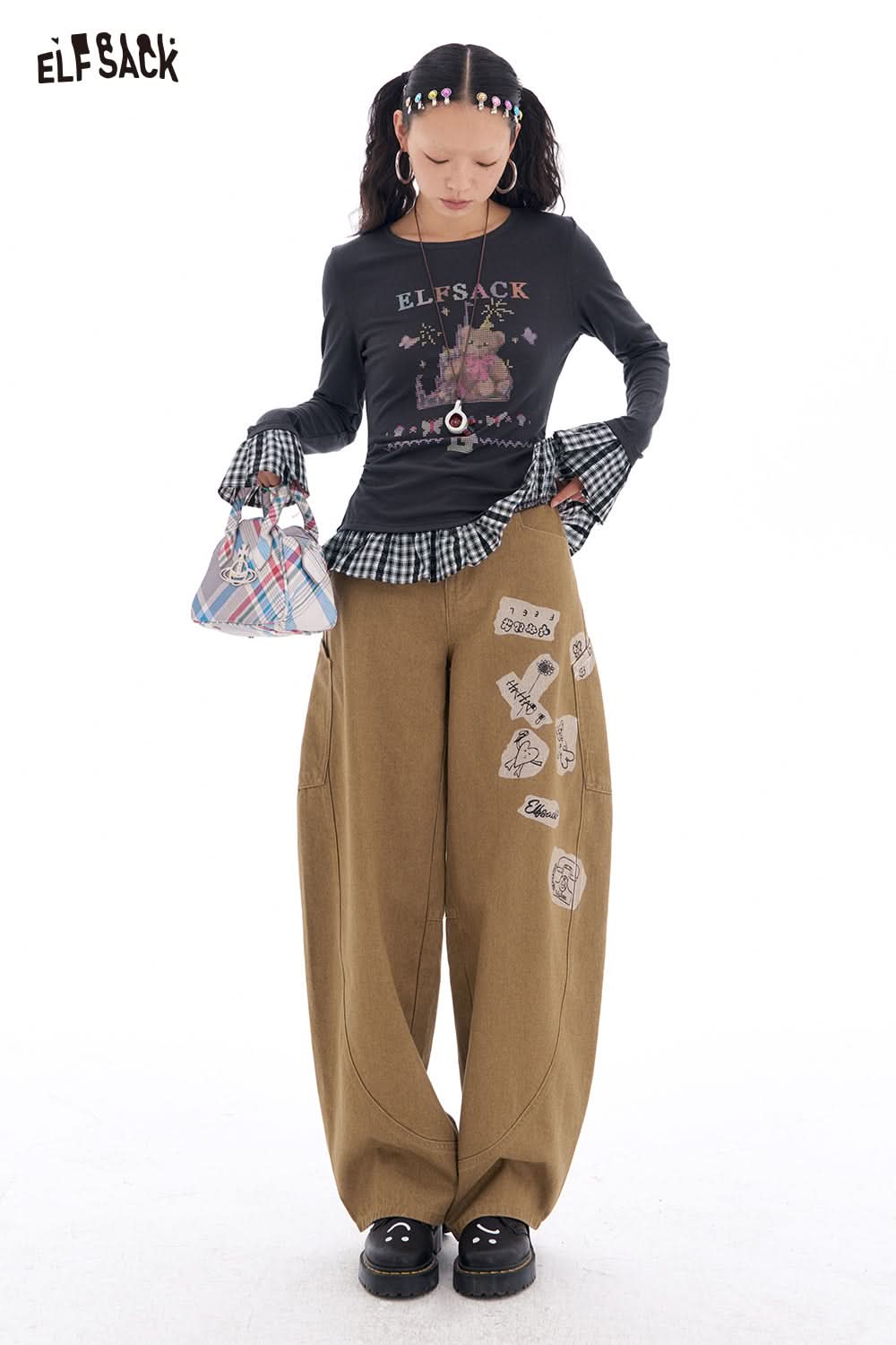 ELFSACK Y2K Plaid Splicing Bear Long Sleeve T-shirt Women Casual Slim Long Sleeve O-Neck Top