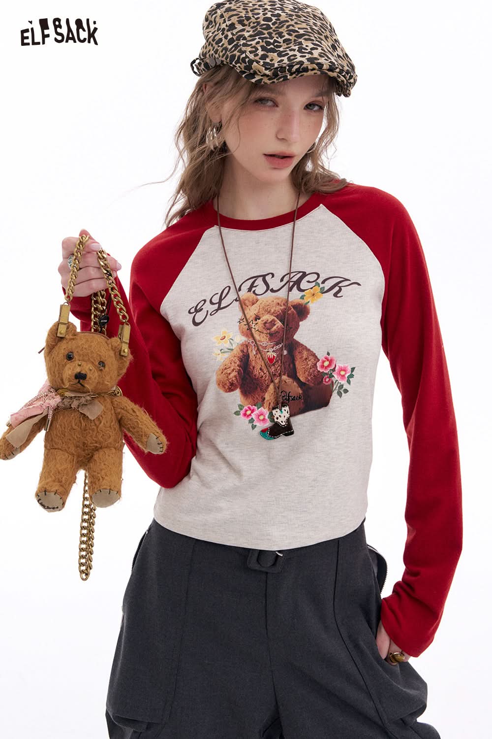 ELFSACK Preppy Style Contrast Printed Raglan Long Sleeve T-shirt Women's Y2K Cropped Top