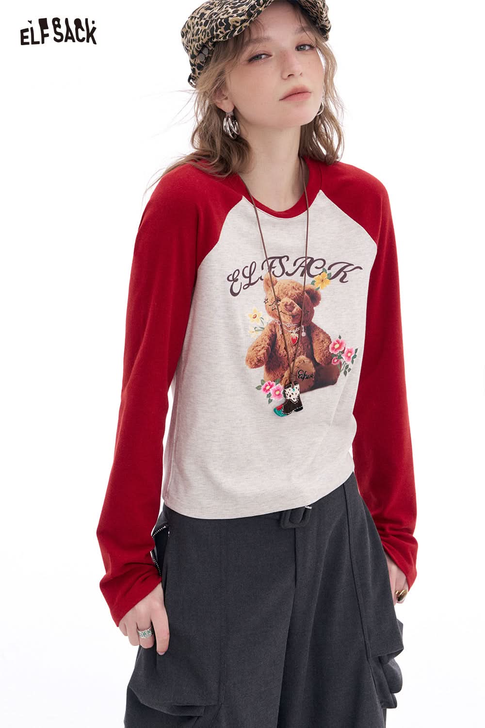 ELFSACK Preppy Style Contrast Printed Raglan Long Sleeve T-shirt Women's Y2K Cropped Top