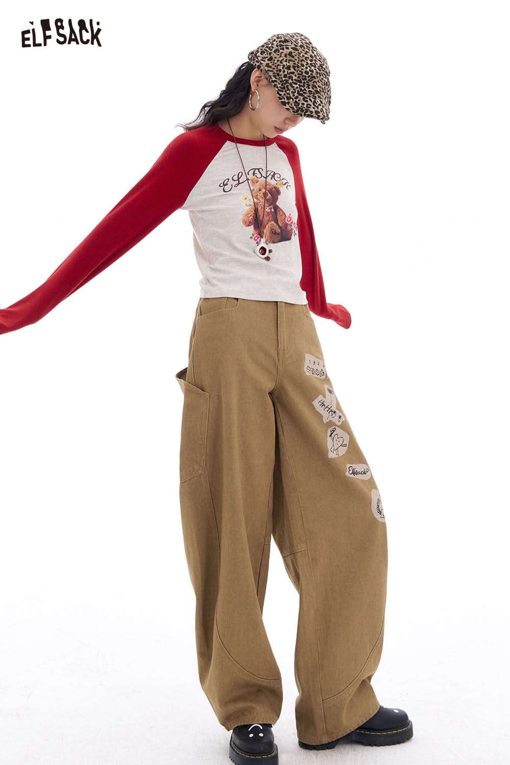 ELFSACK Preppy Style Contrast Printed Raglan Long Sleeve T-shirt Women's Y2K Cropped Top