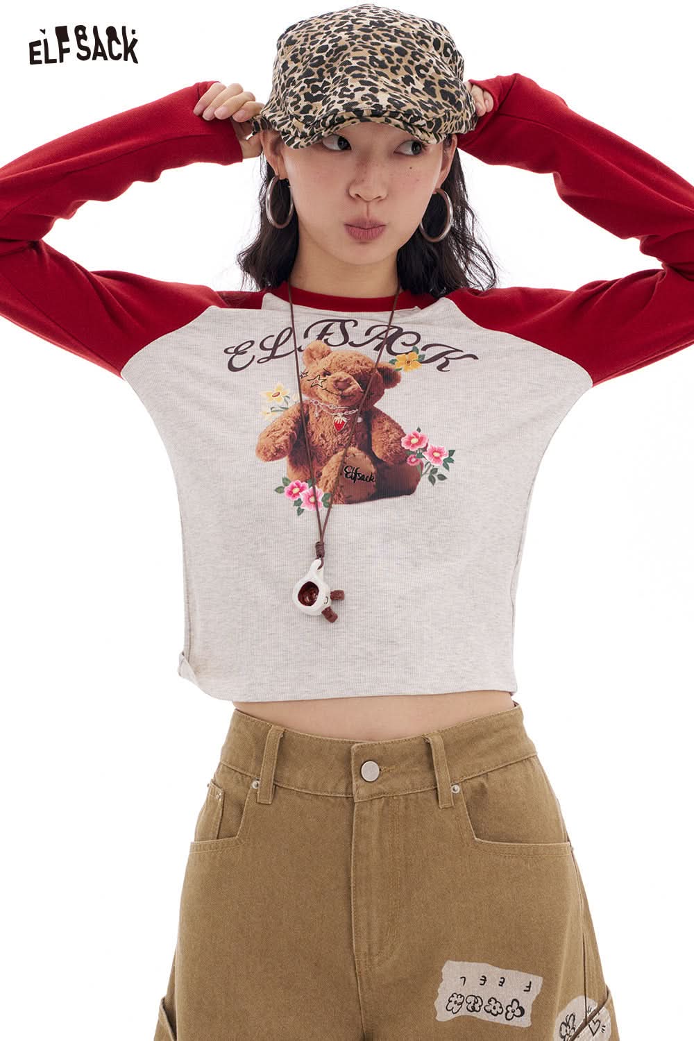 ELFSACK Preppy Style Contrast Printed Raglan Long Sleeve T-shirt Women's Y2K Cropped Top